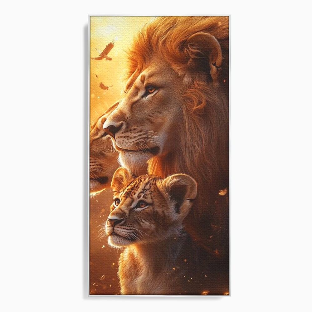 Leinwand Wandkunst Canvas Wandkunst Premium, LuxCanva® M1545, Drei Schicksale Inflacarate, Löwen, Tiere, Wild, Dschungel König, Familie, Huhn, Schlafzimmer, Büro, Wohnzimmer
