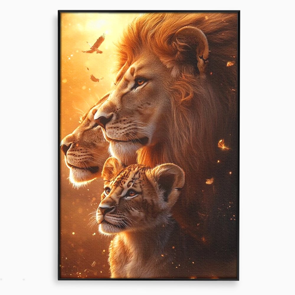 Leinwand Wandkunst Canvas Wandkunst Premium, LuxCanva® M1545, Drei Schicksale Inflacarate, Löwen, Tiere, Wild, Dschungel König, Familie, Huhn, Schlafzimmer, Büro, Wohnzimmer