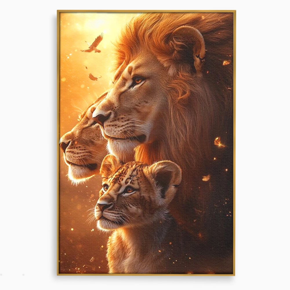 Leinwand Wandkunst Canvas Wandkunst Premium, LuxCanva® M1545, Drei Schicksale Inflacarate, Löwen, Tiere, Wild, Dschungel König, Familie, Huhn, Schlafzimmer, Büro, Wohnzimmer