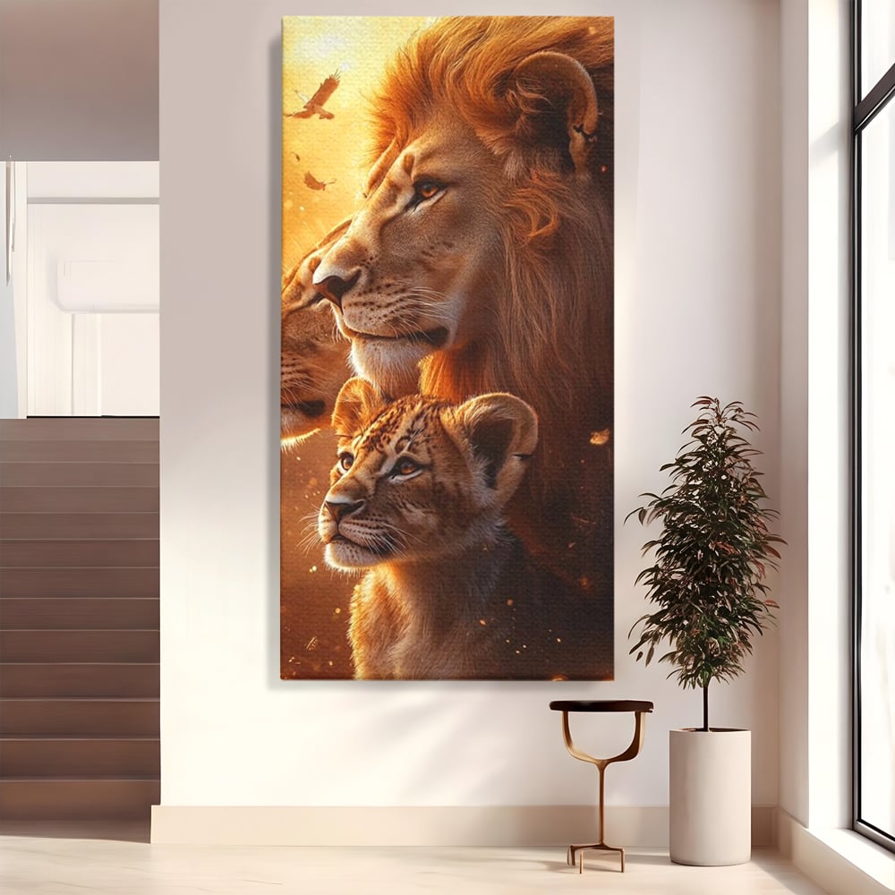 Leinwand Wandkunst Canvas Wandkunst Premium, LuxCanva® M1545, Drei Schicksale Inflacarate, Löwen, Tiere, Wild, Dschungel König, Familie, Huhn, Schlafzimmer, Büro, Wohnzimmer