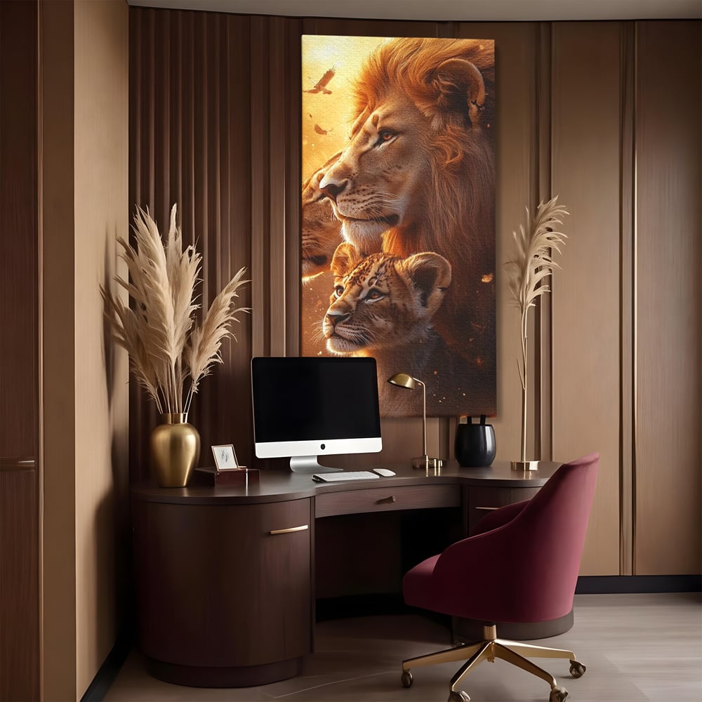Leinwand Wandkunst Canvas Wandkunst Premium, LuxCanva® M1545, Drei Schicksale Inflacarate, Löwen, Tiere, Wild, Dschungel König, Familie, Huhn, Schlafzimmer, Büro, Wohnzimmer