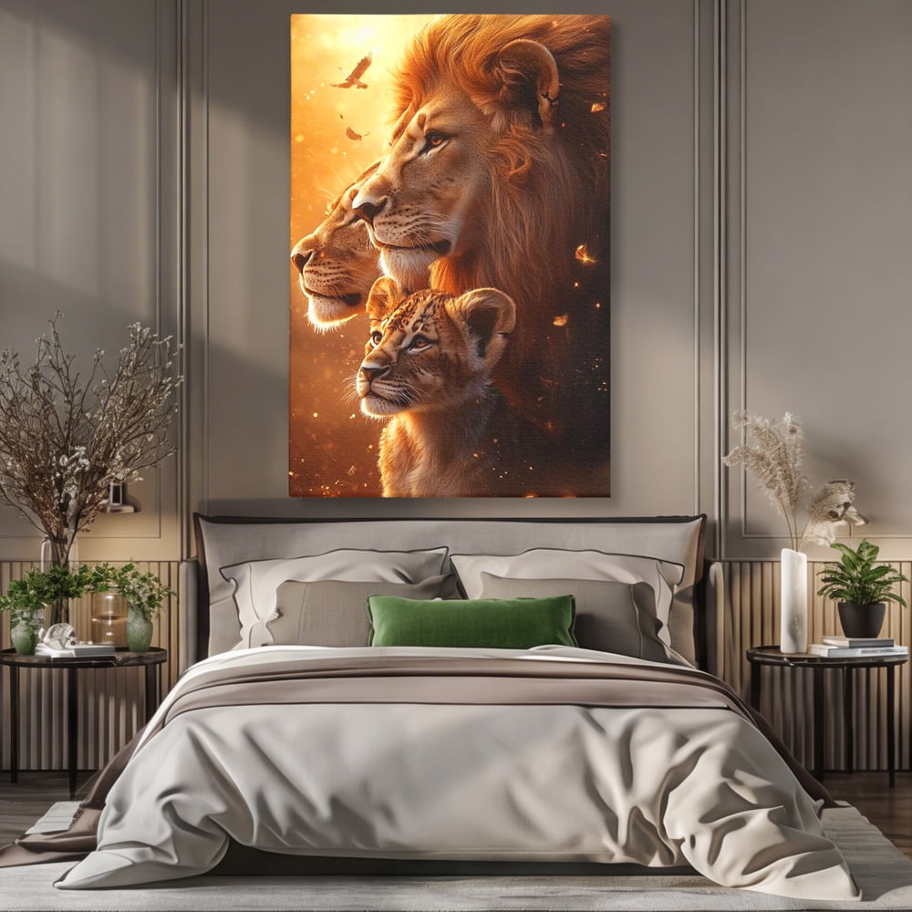 Leinwand Wandkunst Canvas Wandkunst Premium, LuxCanva® M1545, Drei Schicksale Inflacarate, Löwen, Tiere, Wild, Dschungel König, Familie, Huhn, Schlafzimmer, Büro, Wohnzimmer