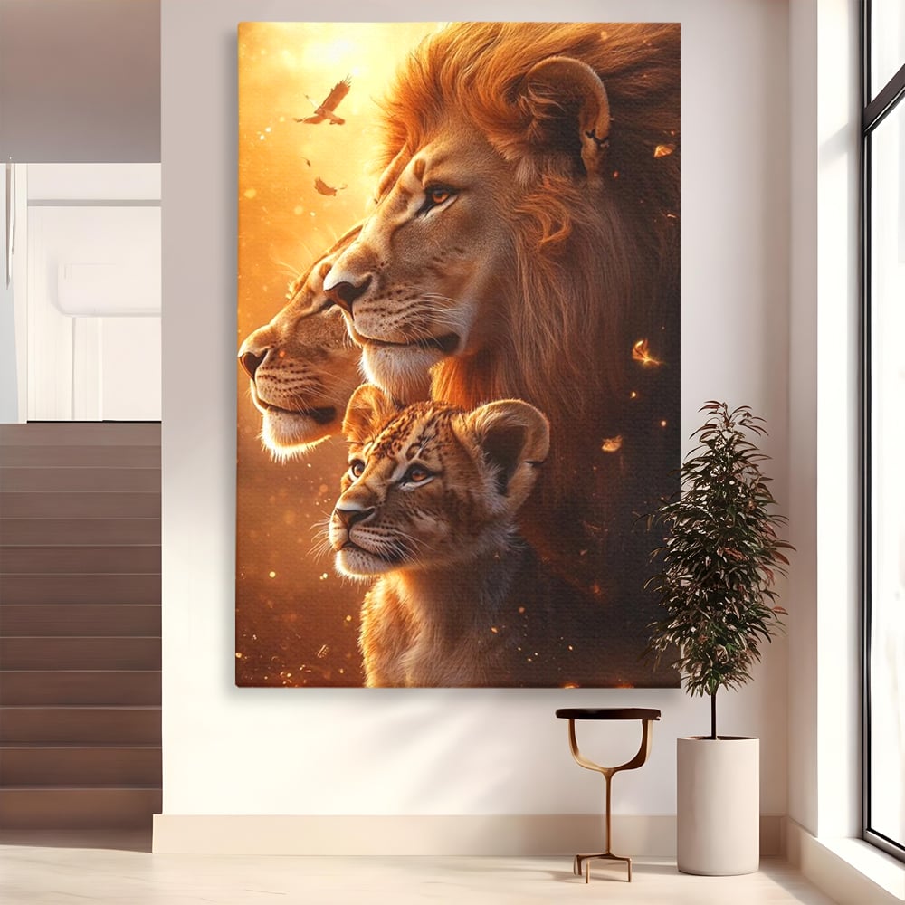 Leinwand Wandkunst Canvas Wandkunst Premium, LuxCanva® M1545, Drei Schicksale Inflacarate, Löwen, Tiere, Wild, Dschungel König, Familie, Huhn, Schlafzimmer, Büro, Wohnzimmer