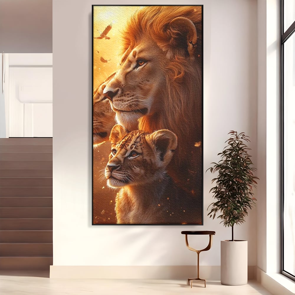Leinwand Wandkunst Canvas Wandkunst Premium, LuxCanva® M1545, Drei Schicksale Inflacarate, Löwen, Tiere, Wild, Dschungel König, Familie, Huhn, Schlafzimmer, Büro, Wohnzimmer