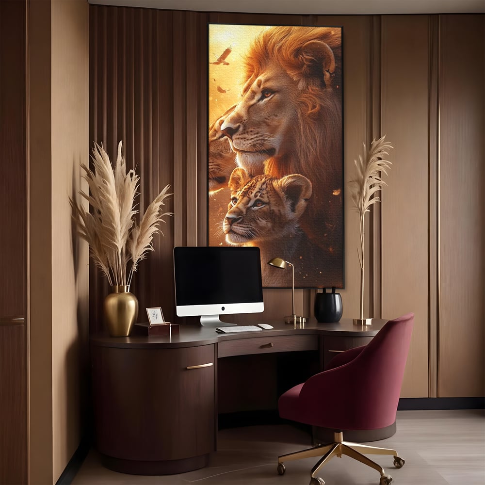Leinwand Wandkunst Canvas Wandkunst Premium, LuxCanva® M1545, Drei Schicksale Inflacarate, Löwen, Tiere, Wild, Dschungel König, Familie, Huhn, Schlafzimmer, Büro, Wohnzimmer