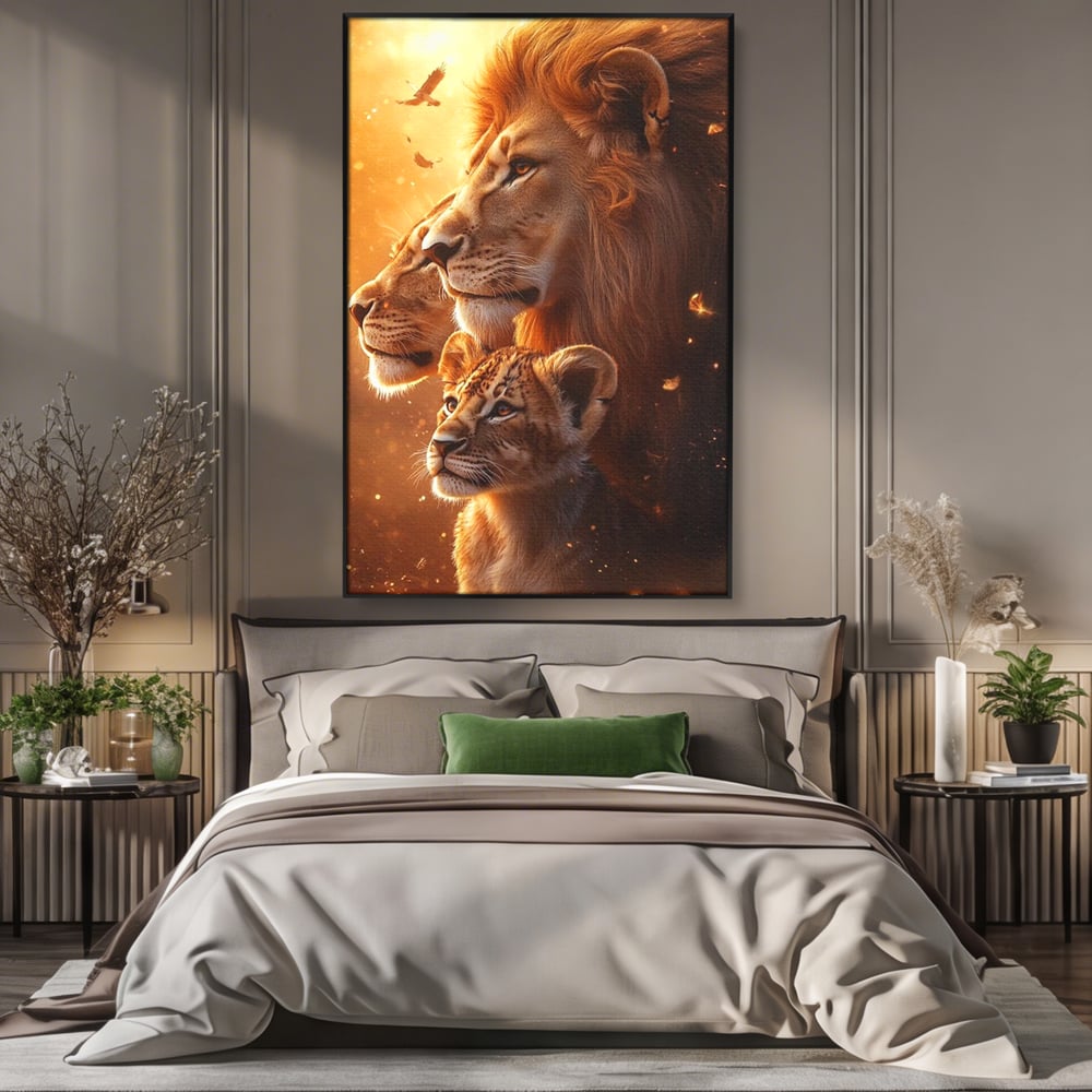 Leinwand Wandkunst Canvas Wandkunst Premium, LuxCanva® M1545, Drei Schicksale Inflacarate, Löwen, Tiere, Wild, Dschungel König, Familie, Huhn, Schlafzimmer, Büro, Wohnzimmer