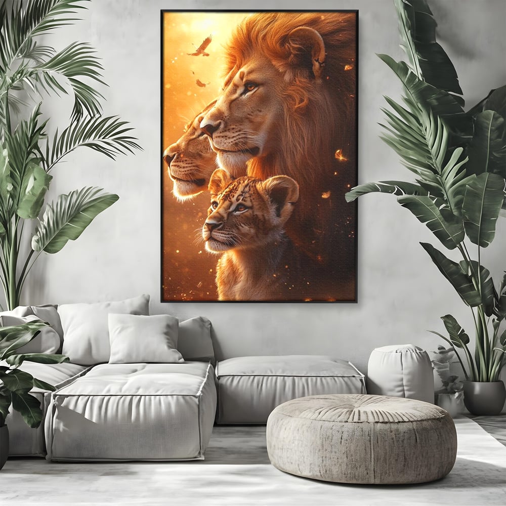 Leinwand Wandkunst Canvas Wandkunst Premium, LuxCanva® M1545, Drei Schicksale Inflacarate, Löwen, Tiere, Wild, Dschungel König, Familie, Huhn, Schlafzimmer, Büro, Wohnzimmer