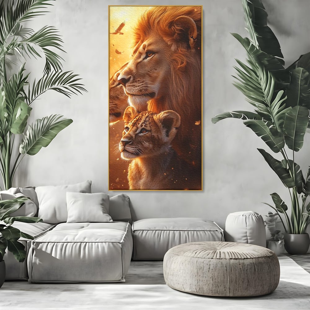 Leinwand Wandkunst Canvas Wandkunst Premium, LuxCanva® M1545, Drei Schicksale Inflacarate, Löwen, Tiere, Wild, Dschungel König, Familie, Huhn, Schlafzimmer, Büro, Wohnzimmer
