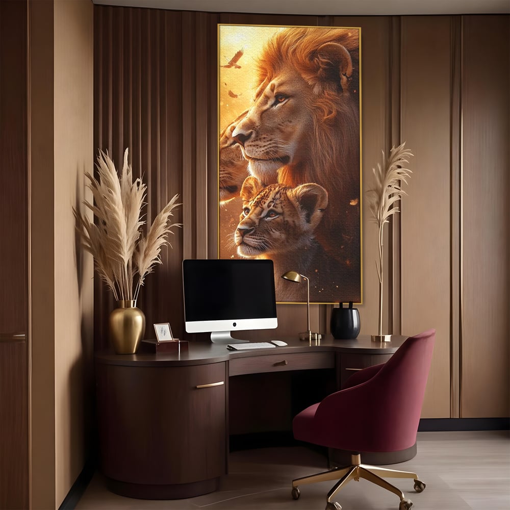 Leinwand Wandkunst Canvas Wandkunst Premium, LuxCanva® M1545, Drei Schicksale Inflacarate, Löwen, Tiere, Wild, Dschungel König, Familie, Huhn, Schlafzimmer, Büro, Wohnzimmer