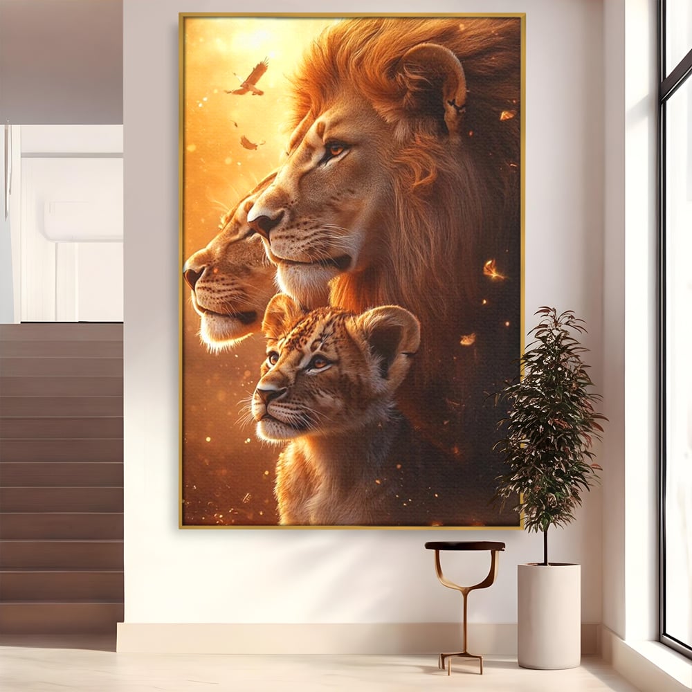 Leinwand Wandkunst Canvas Wandkunst Premium, LuxCanva® M1545, Drei Schicksale Inflacarate, Löwen, Tiere, Wild, Dschungel König, Familie, Huhn, Schlafzimmer, Büro, Wohnzimmer