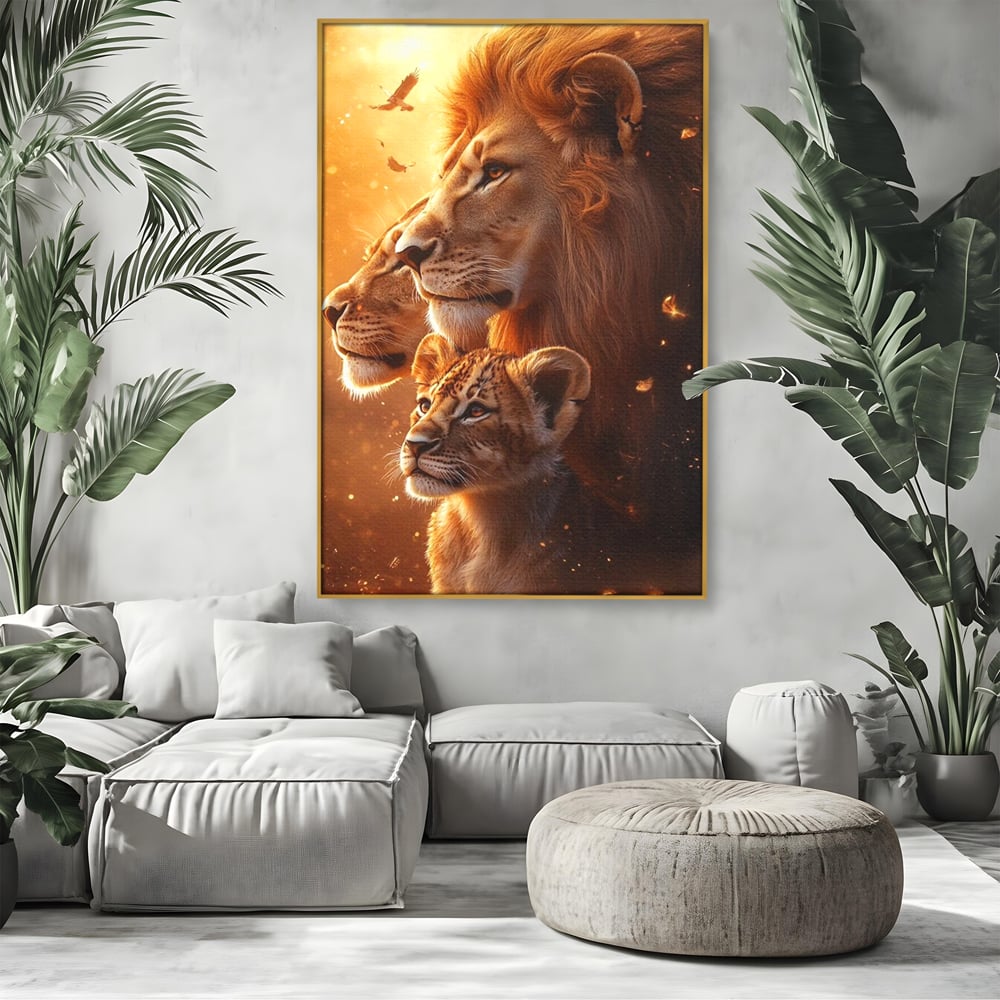 Leinwand Wandkunst Canvas Wandkunst Premium, LuxCanva® M1545, Drei Schicksale Inflacarate, Löwen, Tiere, Wild, Dschungel König, Familie, Huhn, Schlafzimmer, Büro, Wohnzimmer