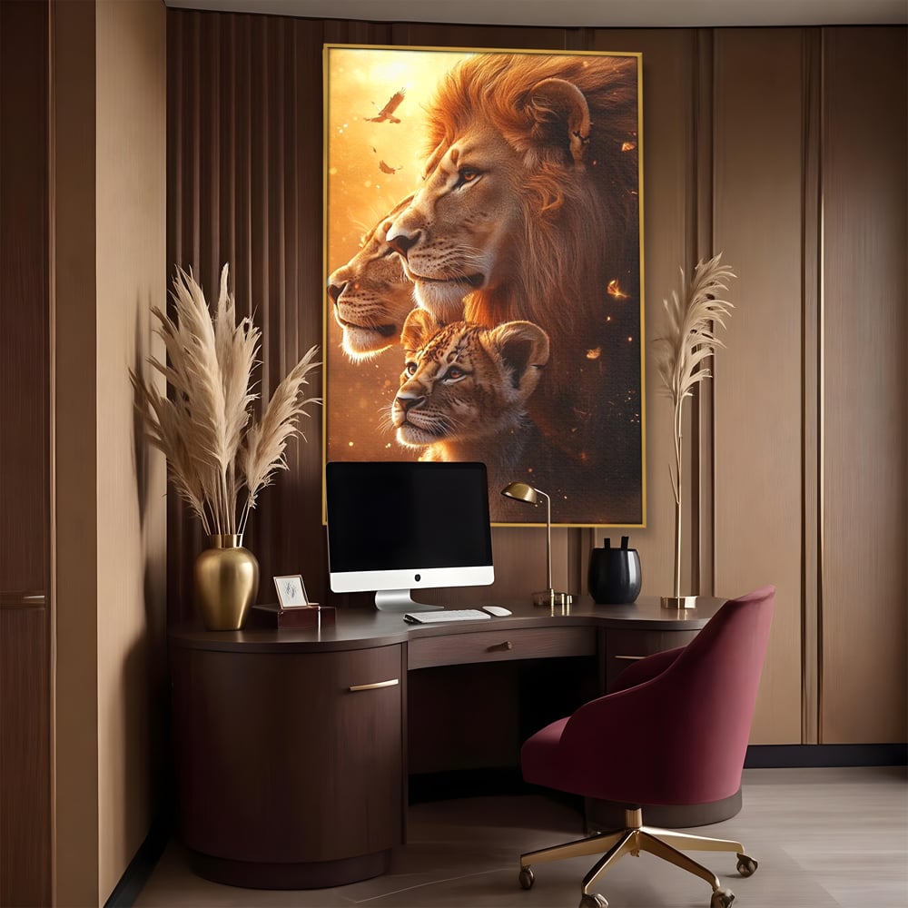 Leinwand Wandkunst Canvas Wandkunst Premium, LuxCanva® M1545, Drei Schicksale Inflacarate, Löwen, Tiere, Wild, Dschungel König, Familie, Huhn, Schlafzimmer, Büro, Wohnzimmer