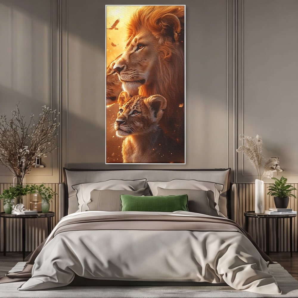 Leinwand Wandkunst Canvas Wandkunst Premium, LuxCanva® M1545, Drei Schicksale Inflacarate, Löwen, Tiere, Wild, Dschungel König, Familie, Huhn, Schlafzimmer, Büro, Wohnzimmer