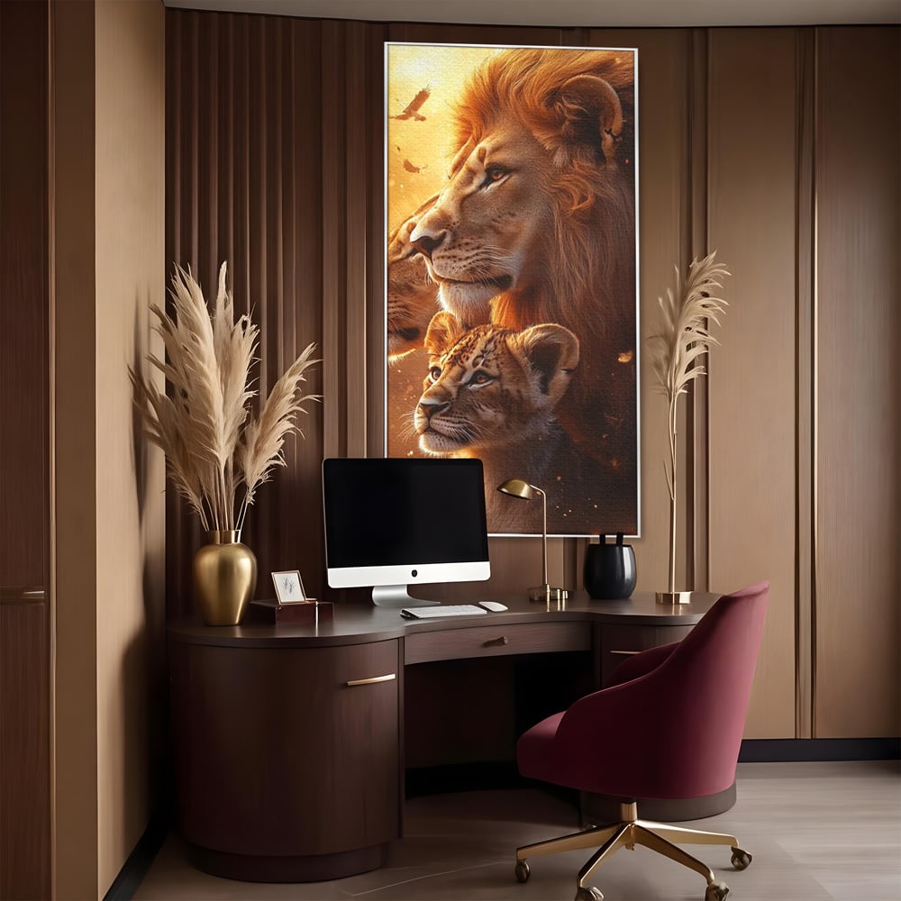 Leinwand Wandkunst Canvas Wandkunst Premium, LuxCanva® M1545, Drei Schicksale Inflacarate, Löwen, Tiere, Wild, Dschungel König, Familie, Huhn, Schlafzimmer, Büro, Wohnzimmer