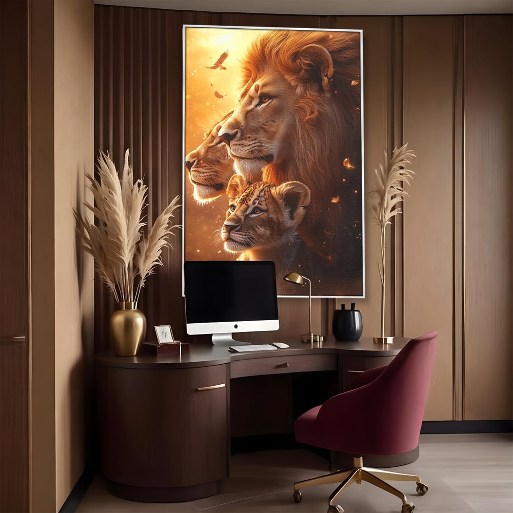 Leinwand Wandkunst Canvas Wandkunst Premium, LuxCanva® M1545, Drei Schicksale Inflacarate, Löwen, Tiere, Wild, Dschungel König, Familie, Huhn, Schlafzimmer, Büro, Wohnzimmer