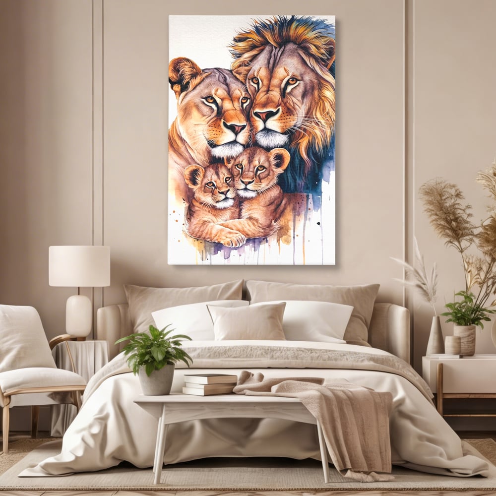 Leinwand Leinwand Wandkunst Premium, LuxCanva® M1546, Vereint im Licht, Familie, Emotion, Liebe, Eltern, Löwen, Tiere, Tiere, Schicksal, Porträt, Schlafzimmer, Büro, Wohnzimmer