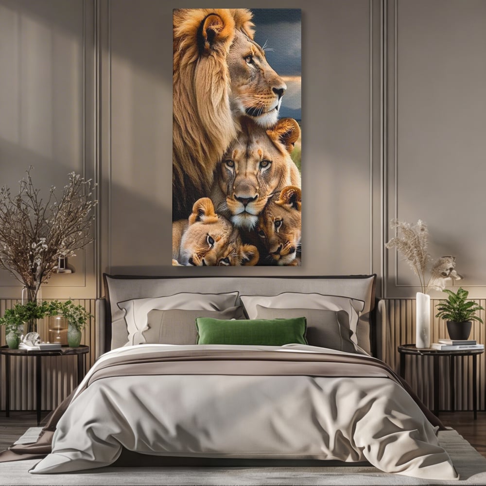 Leinwand Wandkunst Canvas Wandkunst Premium, LuxCanva® M1548, Bindung, Liebe, Familie, Huhn, Löwen, Schutz, Bindung, Tiere, König des Dschungels, Schlafzimmer, Büro, Wohnzimmer