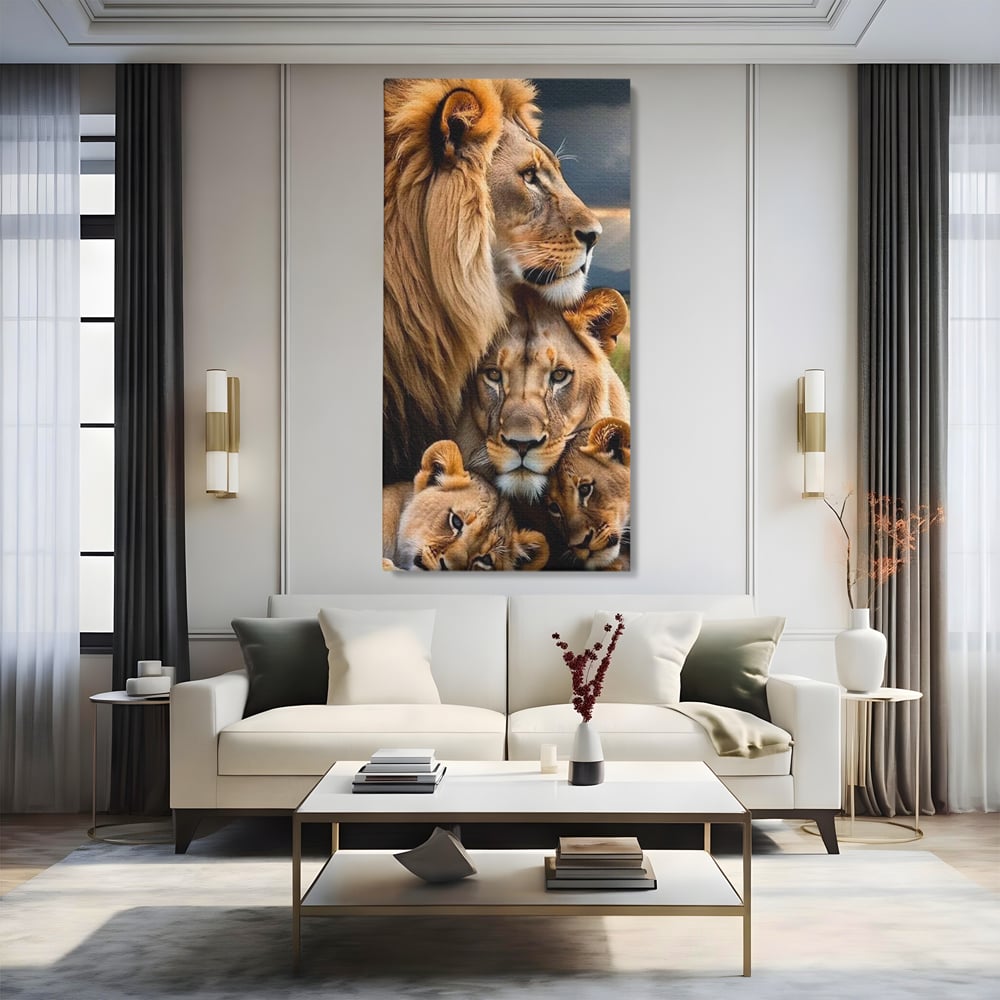 Leinwand Wandkunst Canvas Wandkunst Premium, LuxCanva® M1548, Bindung, Liebe, Familie, Huhn, Löwen, Schutz, Bindung, Tiere, König des Dschungels, Schlafzimmer, Büro, Wohnzimmer
