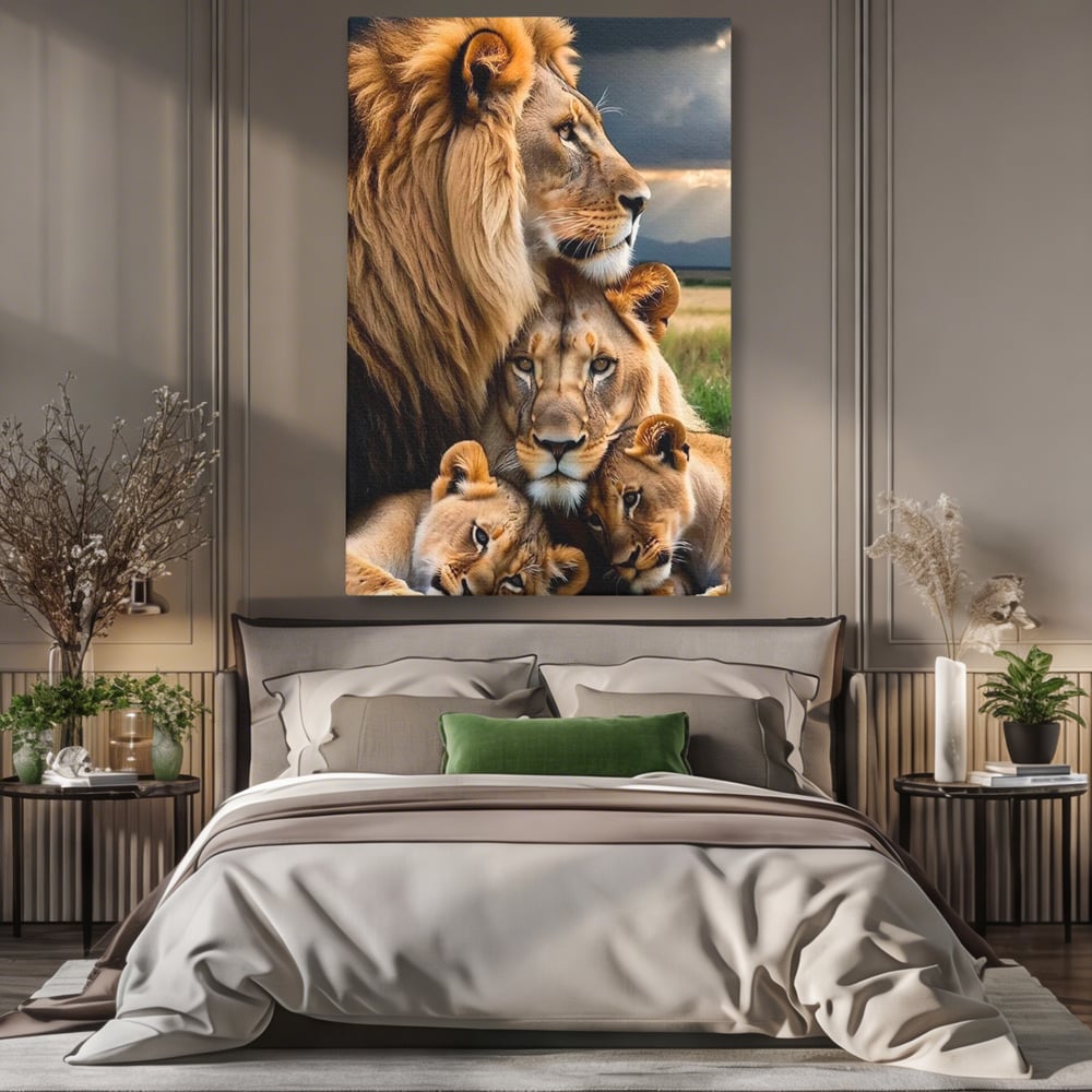 Leinwand Wandkunst Canvas Wandkunst Premium, LuxCanva® M1548, Bindung, Liebe, Familie, Huhn, Löwen, Schutz, Bindung, Tiere, König des Dschungels, Schlafzimmer, Büro, Wohnzimmer