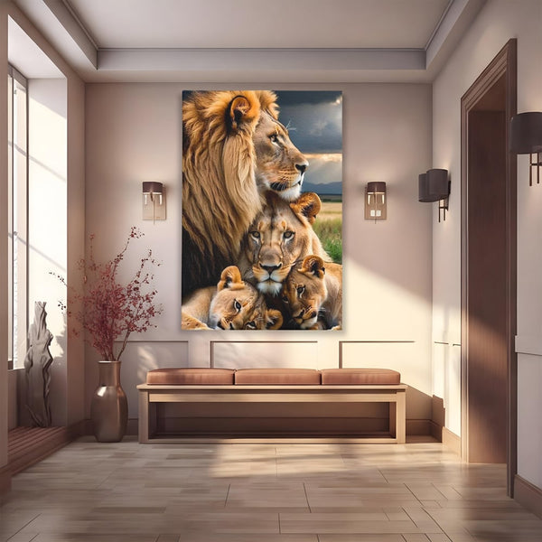 Leinwand Wandkunst Canvas Wandkunst Premium, LuxCanva® M1548, Bindung, Liebe, Familie, Huhn, Löwen, Schutz, Bindung, Tiere, König des Dschungels, Schlafzimmer, Büro, Wohnzimmer
