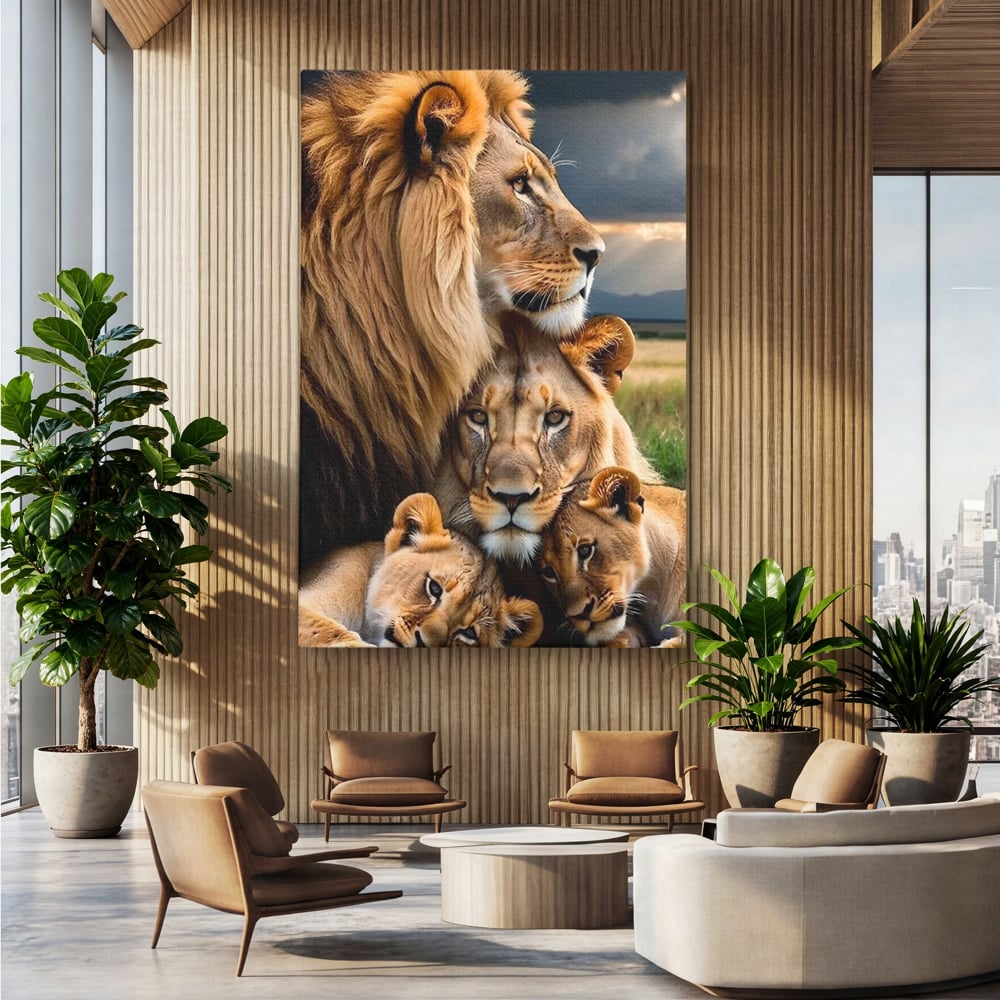 Leinwand Wandkunst Canvas Wandkunst Premium, LuxCanva® M1548, Bindung, Liebe, Familie, Huhn, Löwen, Schutz, Bindung, Tiere, König des Dschungels, Schlafzimmer, Büro, Wohnzimmer