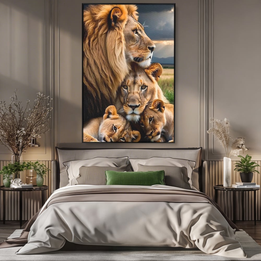 Leinwand Wandkunst Canvas Wandkunst Premium, LuxCanva® M1548, Bindung, Liebe, Familie, Huhn, Löwen, Schutz, Bindung, Tiere, König des Dschungels, Schlafzimmer, Büro, Wohnzimmer