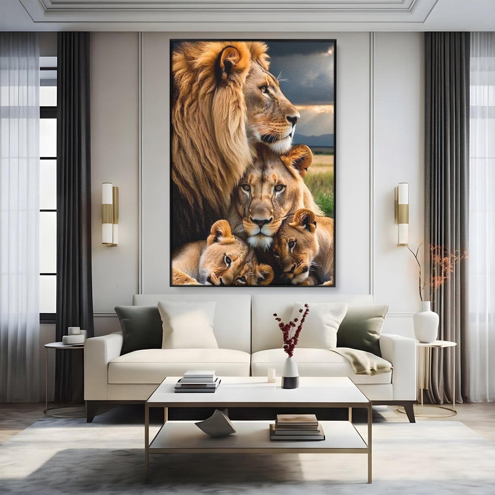 Leinwand Wandkunst Canvas Wandkunst Premium, LuxCanva® M1548, Bindung, Liebe, Familie, Huhn, Löwen, Schutz, Bindung, Tiere, König des Dschungels, Schlafzimmer, Büro, Wohnzimmer