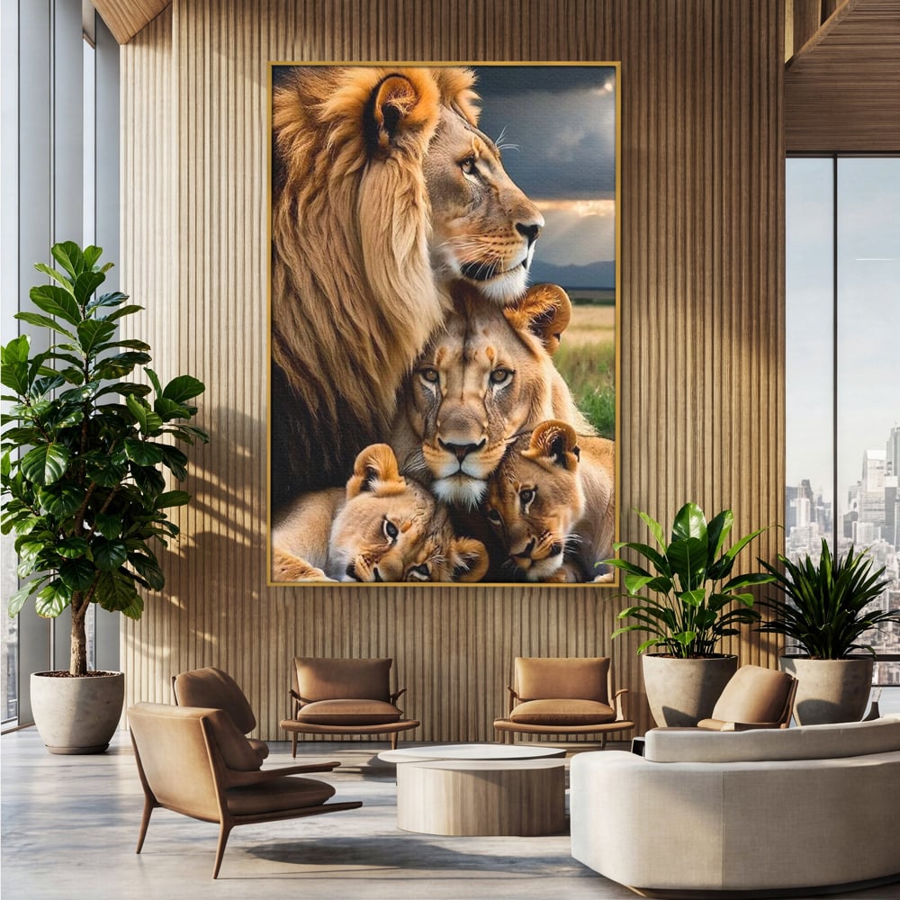 Leinwand Wandkunst Canvas Wandkunst Premium, LuxCanva® M1548, Bindung, Liebe, Familie, Huhn, Löwen, Schutz, Bindung, Tiere, König des Dschungels, Schlafzimmer, Büro, Wohnzimmer