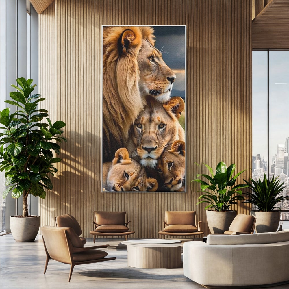 Leinwand Wandkunst Canvas Wandkunst Premium, LuxCanva® M1548, Bindung, Liebe, Familie, Huhn, Löwen, Schutz, Bindung, Tiere, König des Dschungels, Schlafzimmer, Büro, Wohnzimmer