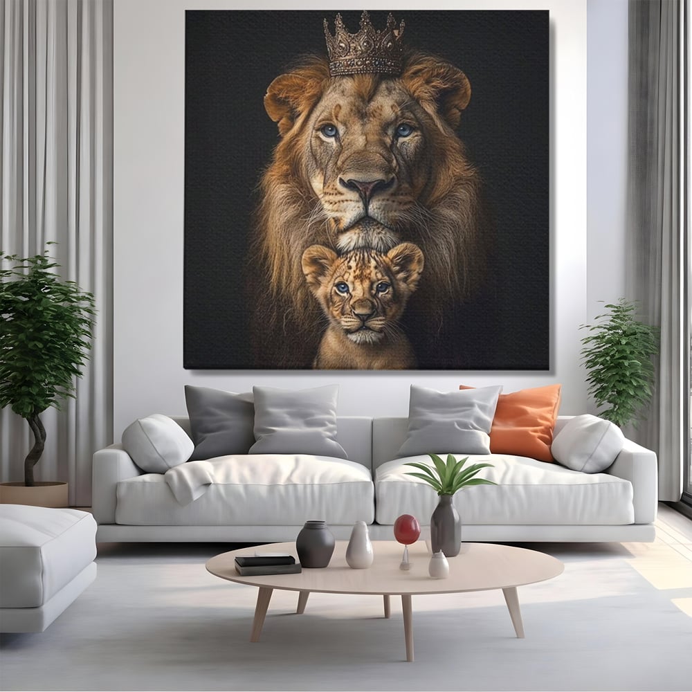 Tablou Canvas Premium, LuxCanva® M1549, Taria unui Neam, Tata, Fiu, Rege, Print, Dinastie, Lei, Animale, Coroana, Dormitor, Birou, Living