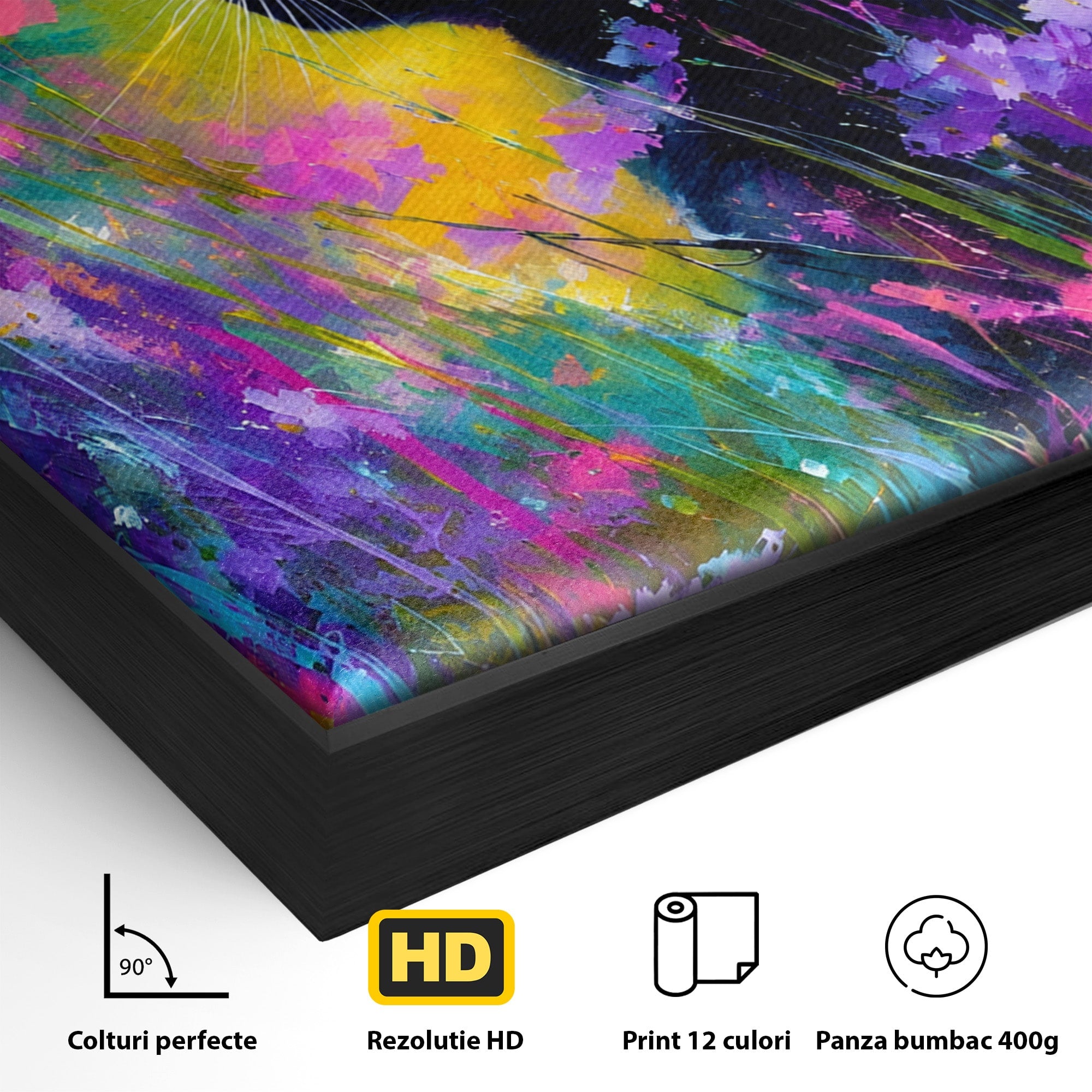 Tablou Canvas Premium LuxCanva® M1550, Pisica In Campul De Flori, Pisica, Flori, Natura, Vibrant, Living, Culori Vibrante