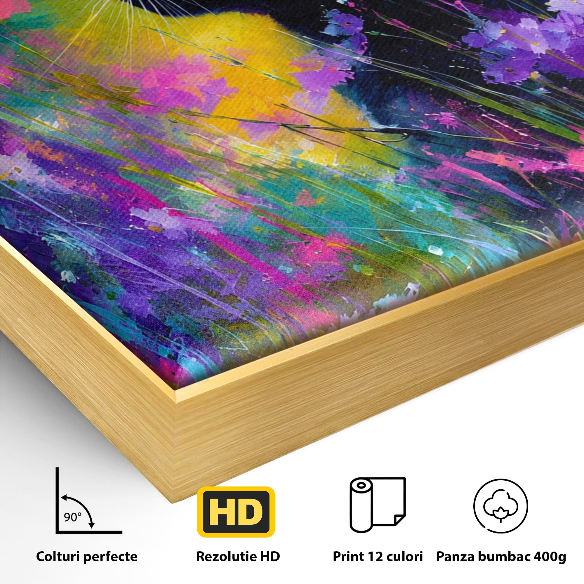 Tablou Canvas Premium LuxCanva® M1550, Pisica In Campul De Flori, Pisica, Flori, Natura, Vibrant, Living, Culori Vibrante