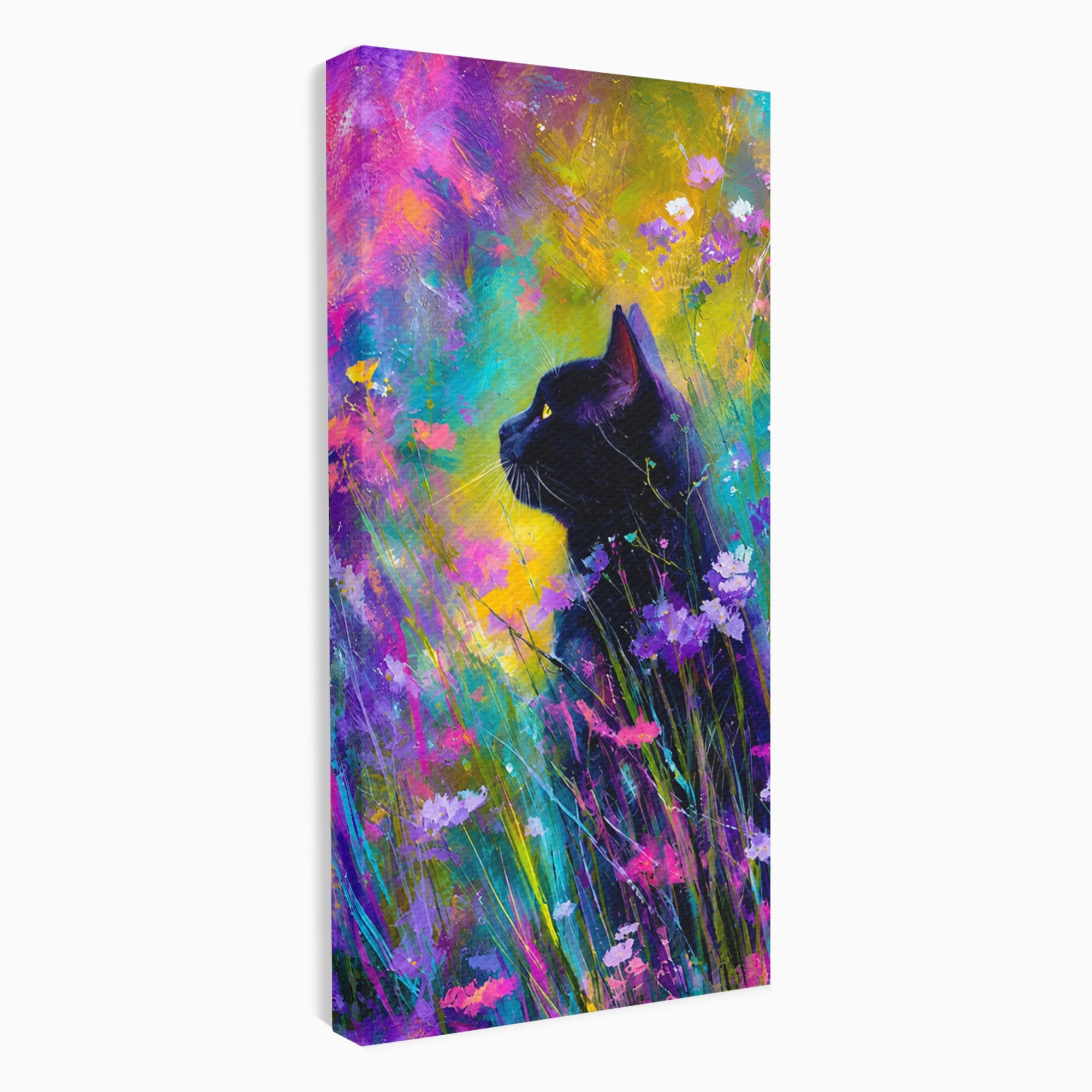 Tablou Canvas Premium LuxCanva® M1550, Pisica In Campul De Flori, Pisica, Flori, Natura, Vibrant, Living, Culori Vibrante