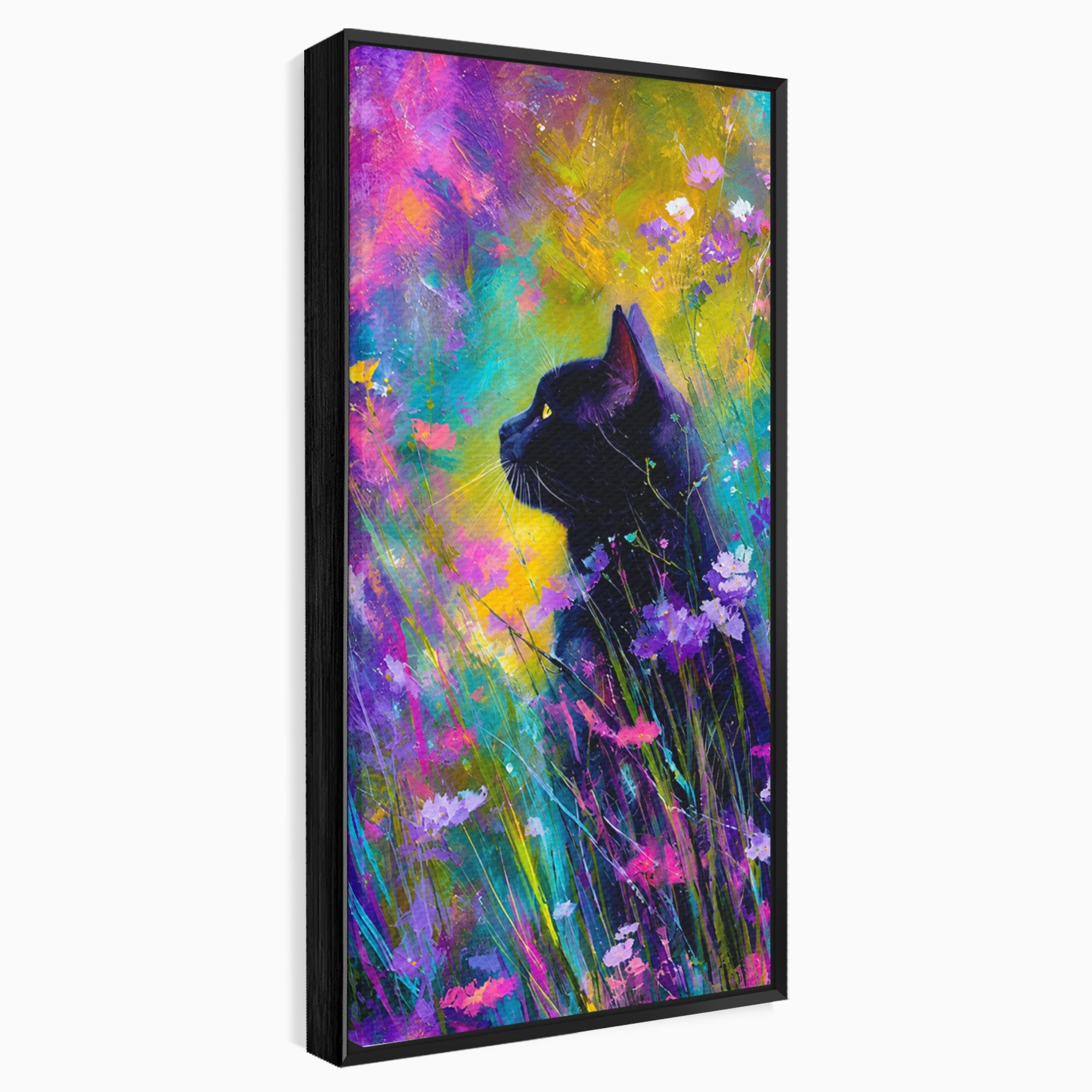 Tablou Canvas Premium LuxCanva® M1550, Pisica In Campul De Flori, Pisica, Flori, Natura, Vibrant, Living, Culori Vibrante