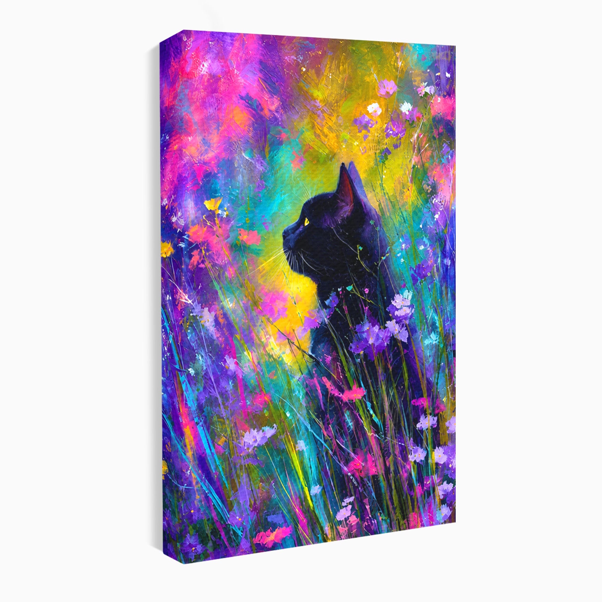 Tablou Canvas Premium LuxCanva® M1550, Pisica In Campul De Flori, Pisica, Flori, Natura, Vibrant, Living, Culori Vibrante