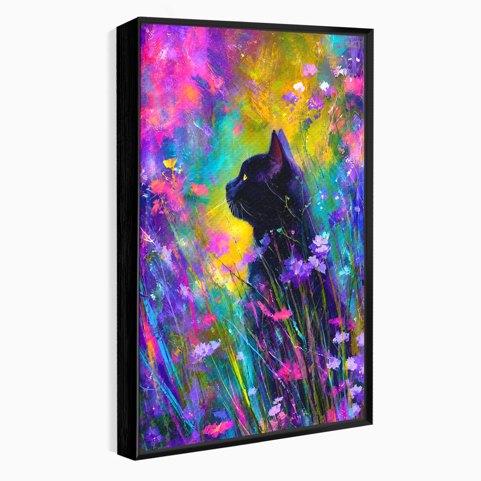 Tablou Canvas Premium LuxCanva® M1550, Pisica In Campul De Flori, Pisica, Flori, Natura, Vibrant, Living, Culori Vibrante