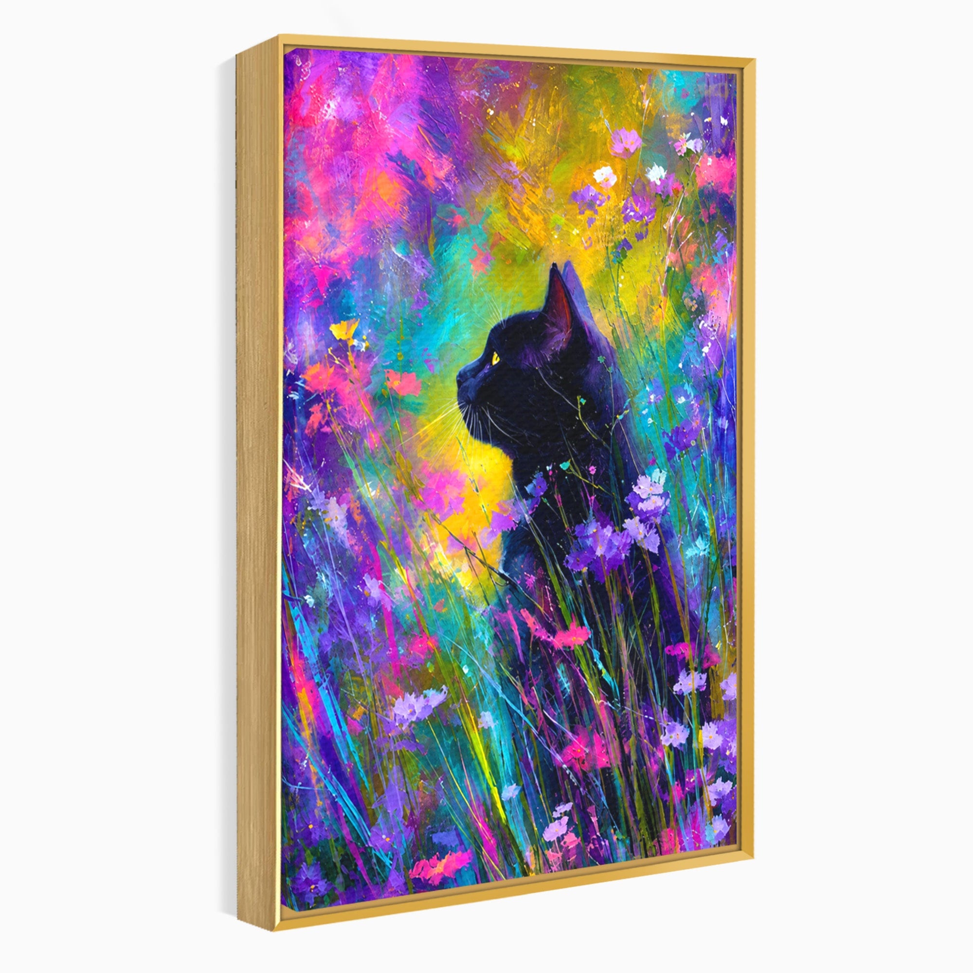 Tablou Canvas Premium LuxCanva® M1550, Pisica In Campul De Flori, Pisica, Flori, Natura, Vibrant, Living, Culori Vibrante