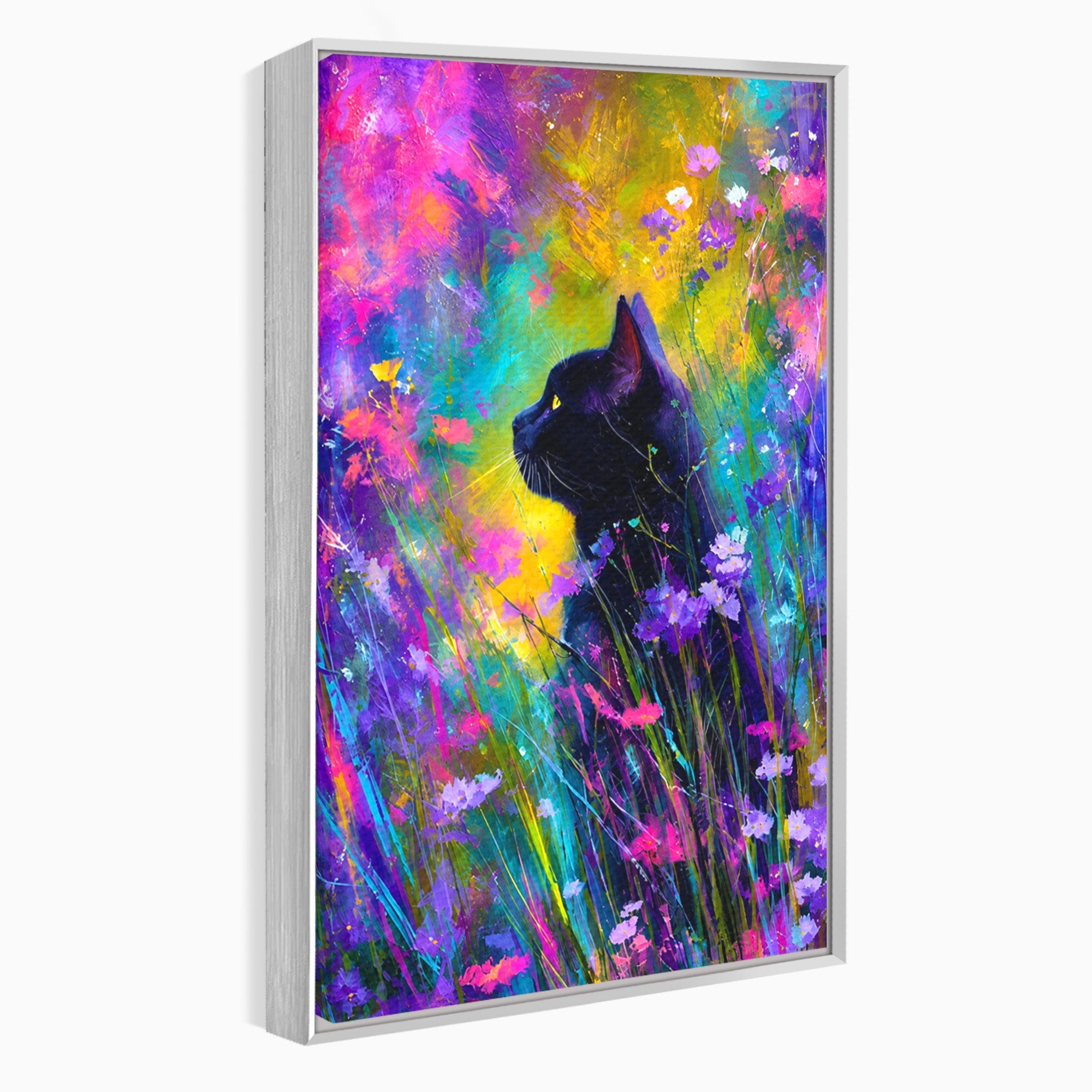 Tablou Canvas Premium LuxCanva® M1550, Pisica In Campul De Flori, Pisica, Flori, Natura, Vibrant, Living, Culori Vibrante