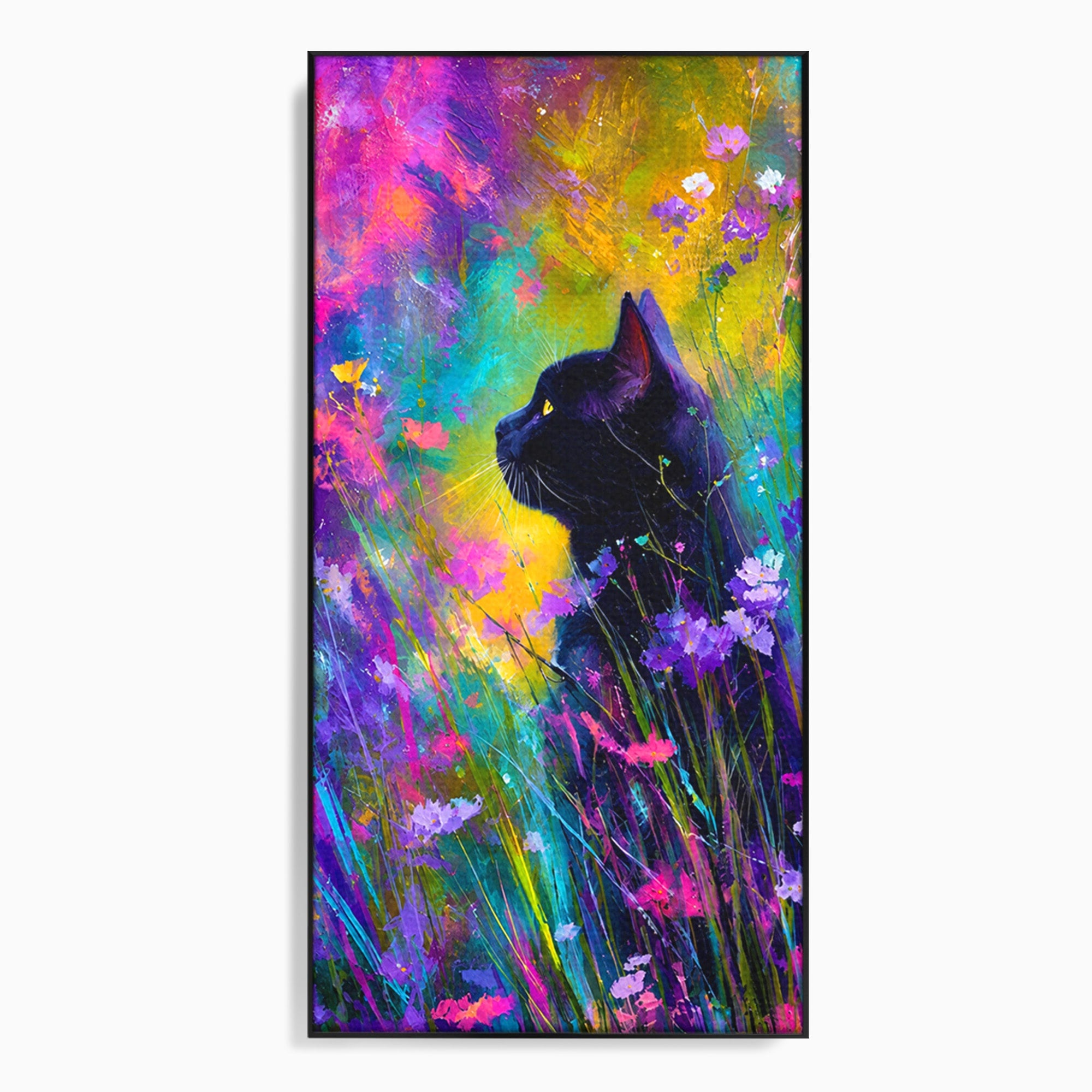 Tablou Canvas Premium LuxCanva® M1550, Pisica In Campul De Flori, Pisica, Flori, Natura, Vibrant, Living, Culori Vibrante