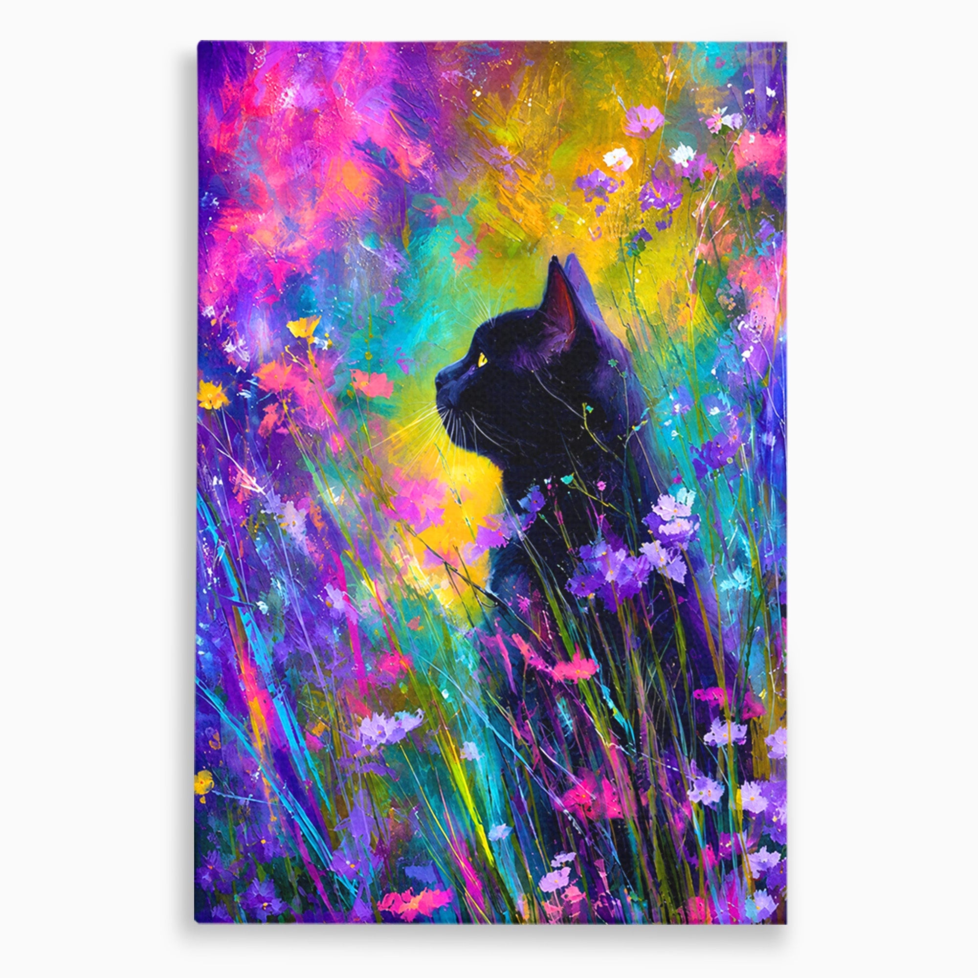 Tablou Canvas Premium LuxCanva® M1550, Pisica In Campul De Flori, Pisica, Flori, Natura, Vibrant, Living, Culori Vibrante