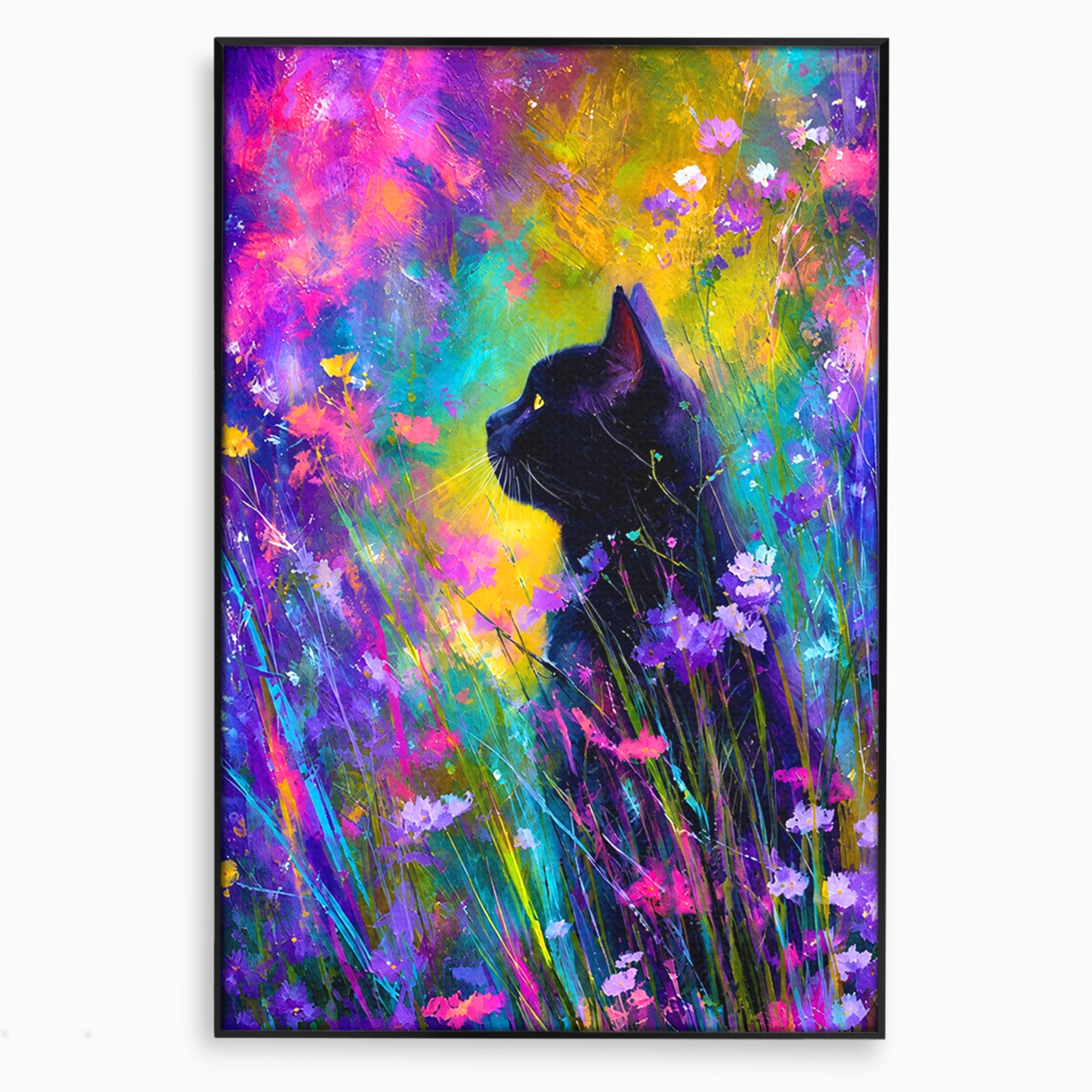 Tablou Canvas Premium LuxCanva® M1550, Pisica In Campul De Flori, Pisica, Flori, Natura, Vibrant, Living, Culori Vibrante