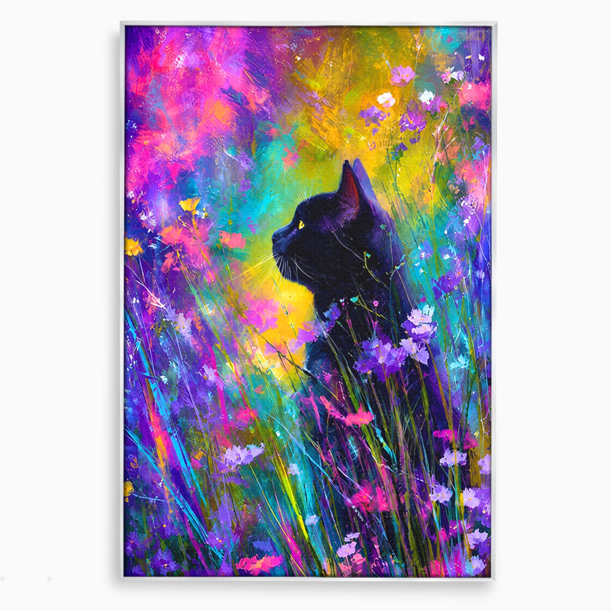 Tablou Canvas Premium LuxCanva® M1550, Pisica In Campul De Flori, Pisica, Flori, Natura, Vibrant, Living, Culori Vibrante