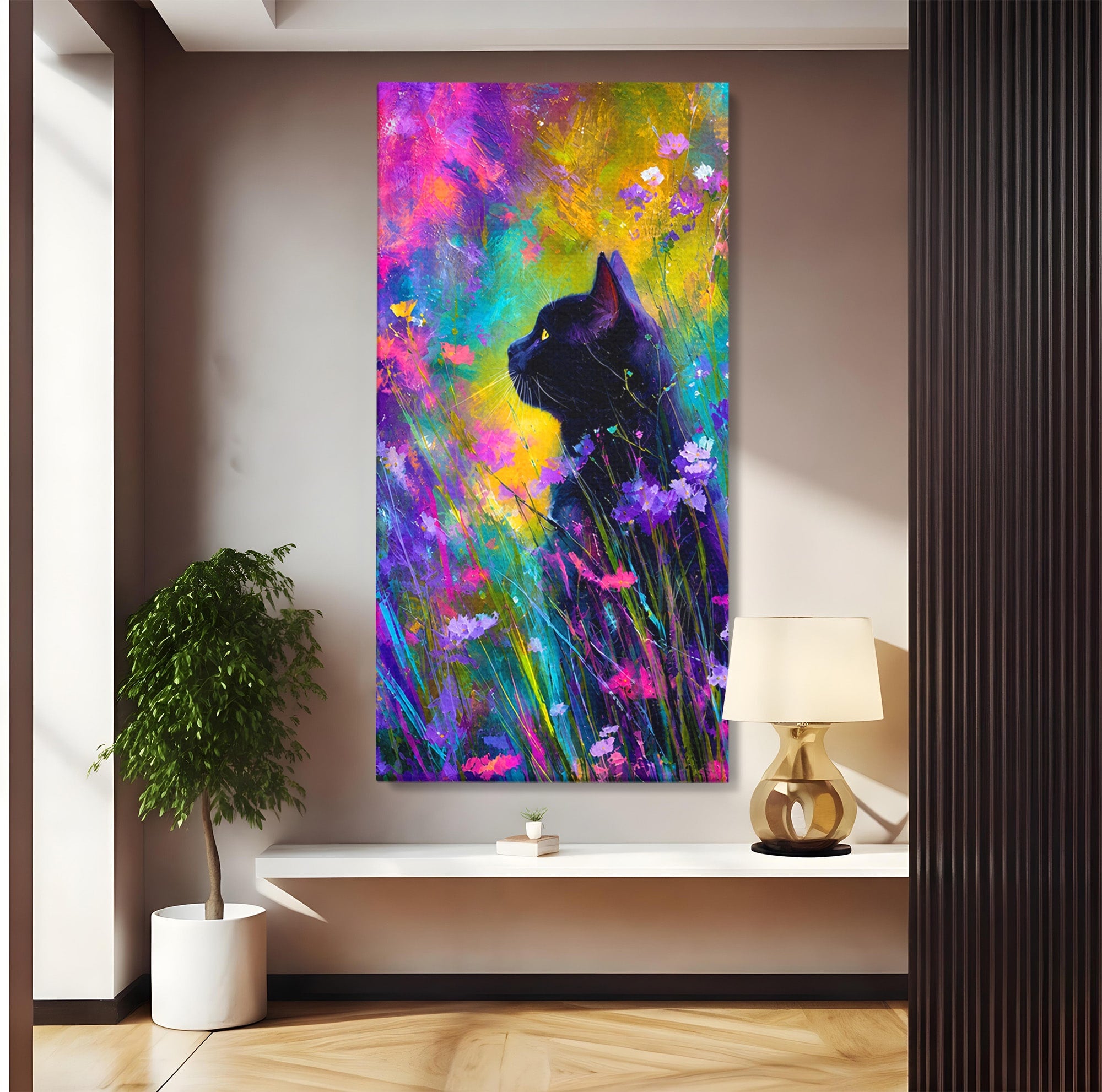 Tablou Canvas Premium LuxCanva® M1550, Pisica In Campul De Flori, Pisica, Flori, Natura, Vibrant, Living, Culori Vibrante