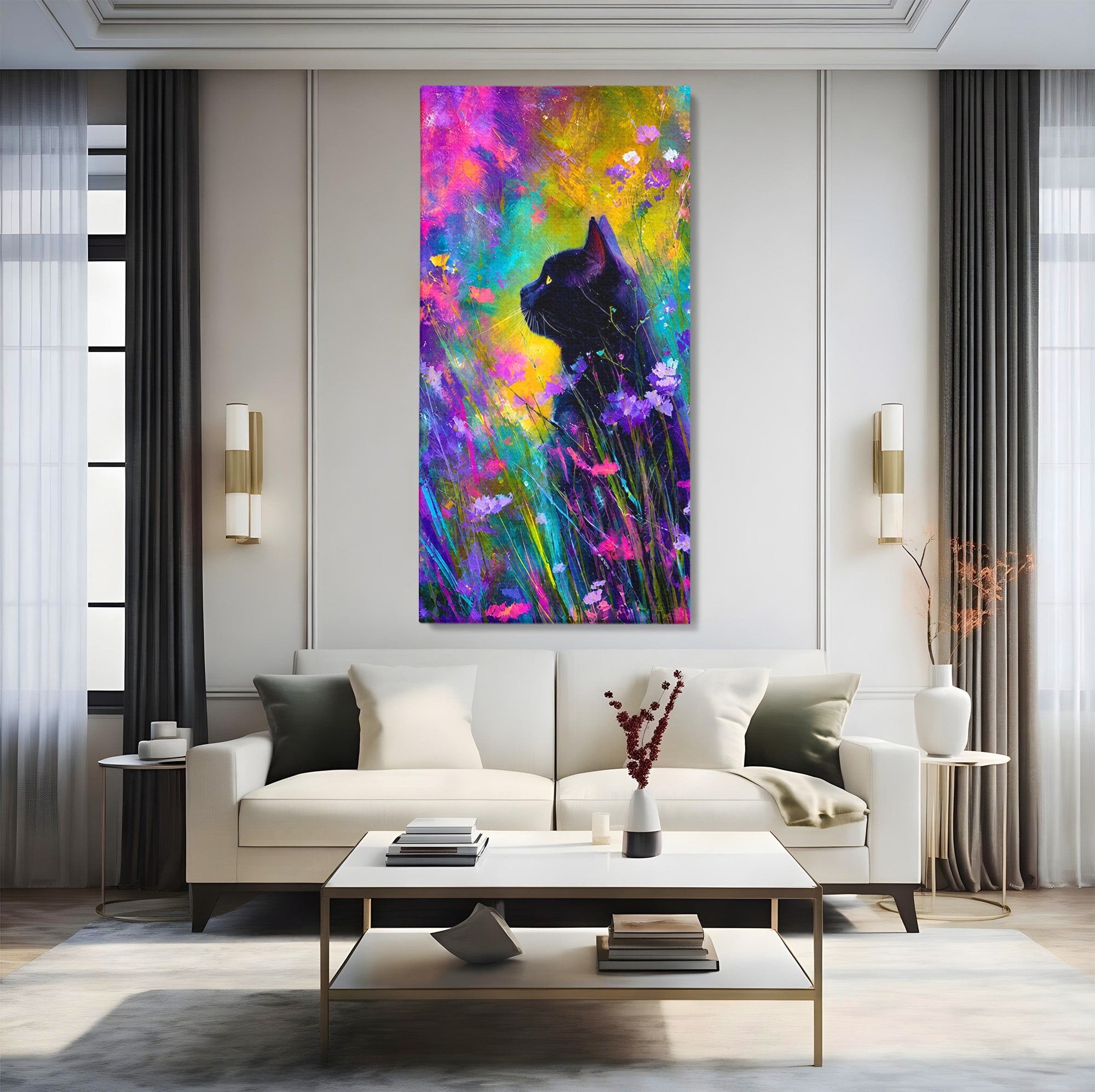 Tablou Canvas Premium LuxCanva® M1550, Pisica In Campul De Flori, Pisica, Flori, Natura, Vibrant, Living, Culori Vibrante