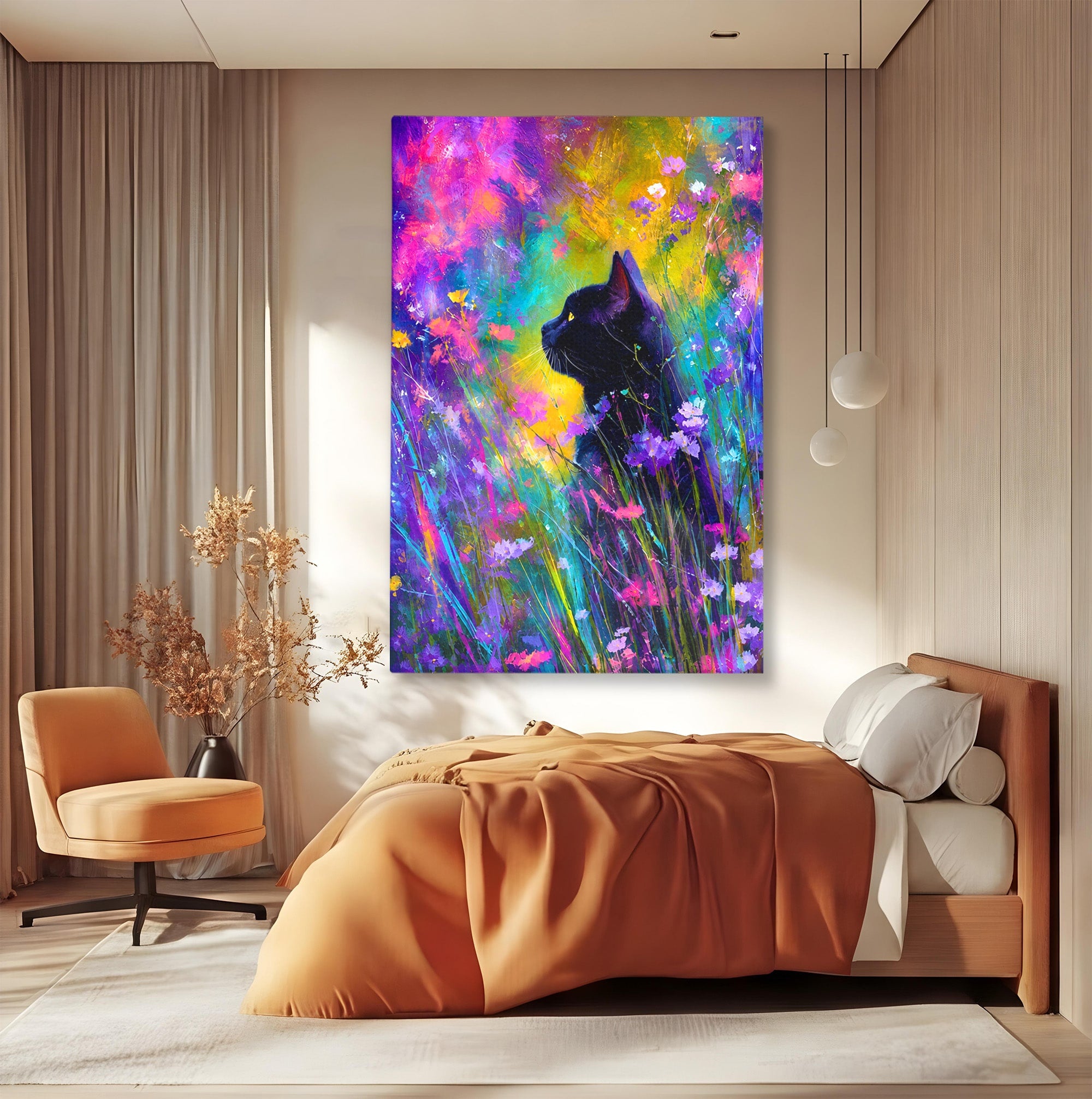 Tablou Canvas Premium LuxCanva® M1550, Pisica In Campul De Flori, Pisica, Flori, Natura, Vibrant, Living, Culori Vibrante
