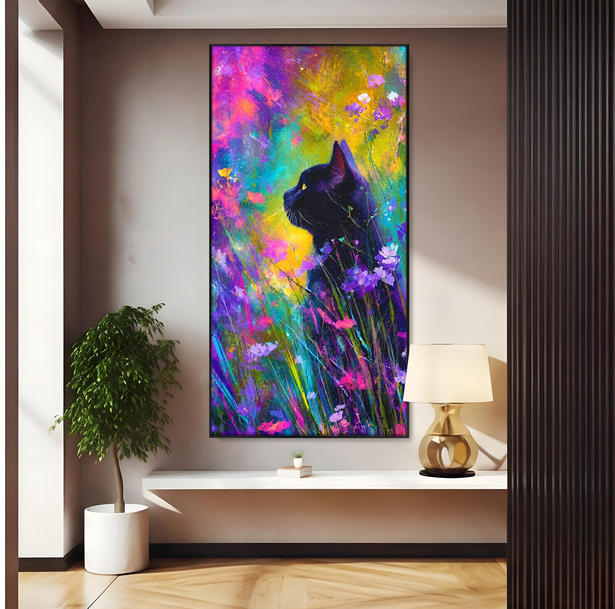 Tablou Canvas Premium LuxCanva® M1550, Pisica In Campul De Flori, Pisica, Flori, Natura, Vibrant, Living, Culori Vibrante