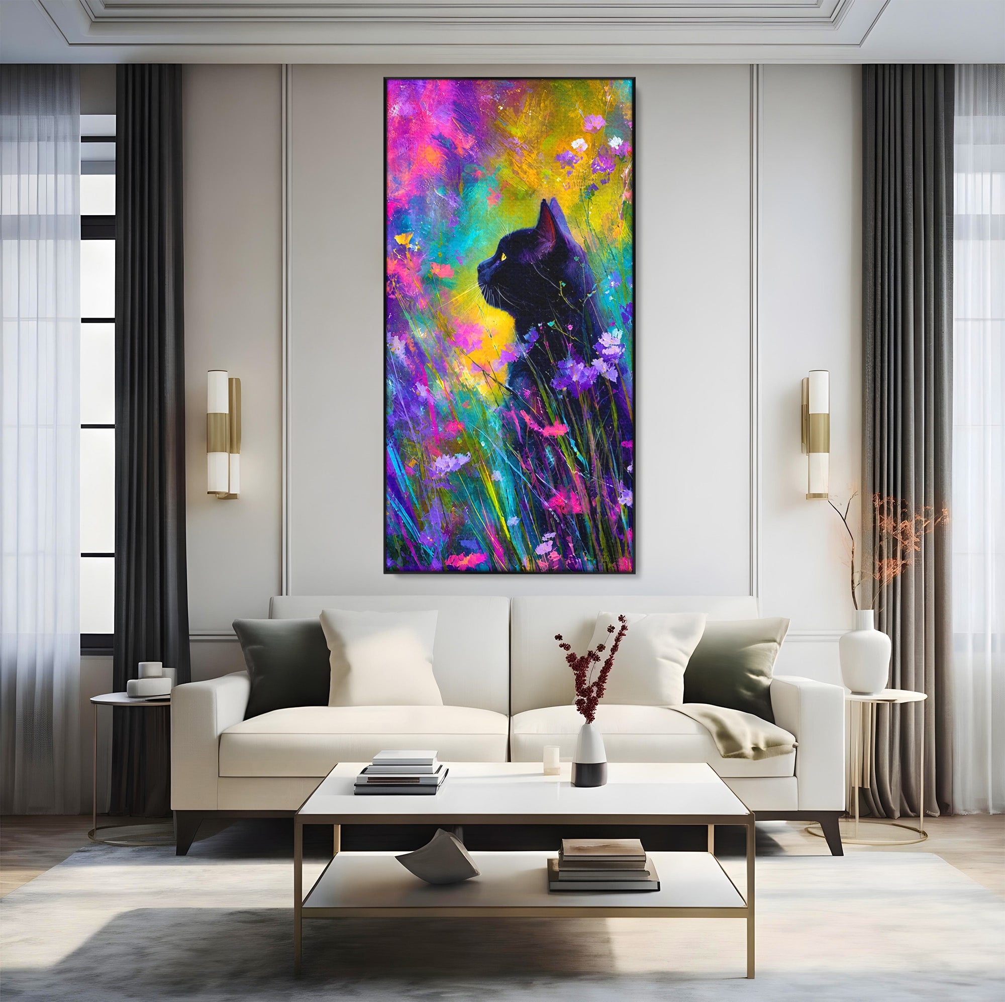 Tablou Canvas Premium LuxCanva® M1550, Pisica In Campul De Flori, Pisica, Flori, Natura, Vibrant, Living, Culori Vibrante