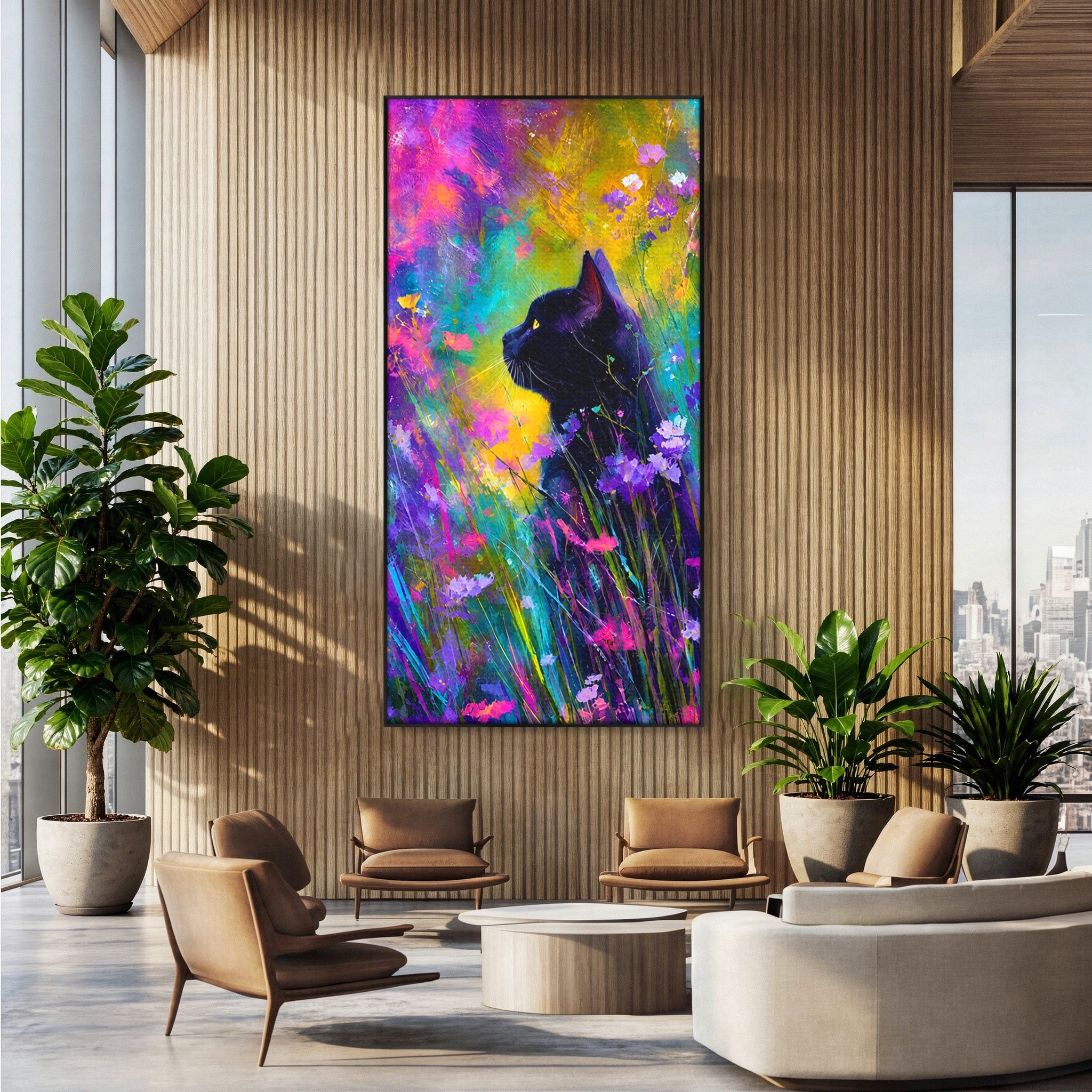 Tablou Canvas Premium LuxCanva® M1550, Pisica In Campul De Flori, Pisica, Flori, Natura, Vibrant, Living, Culori Vibrante