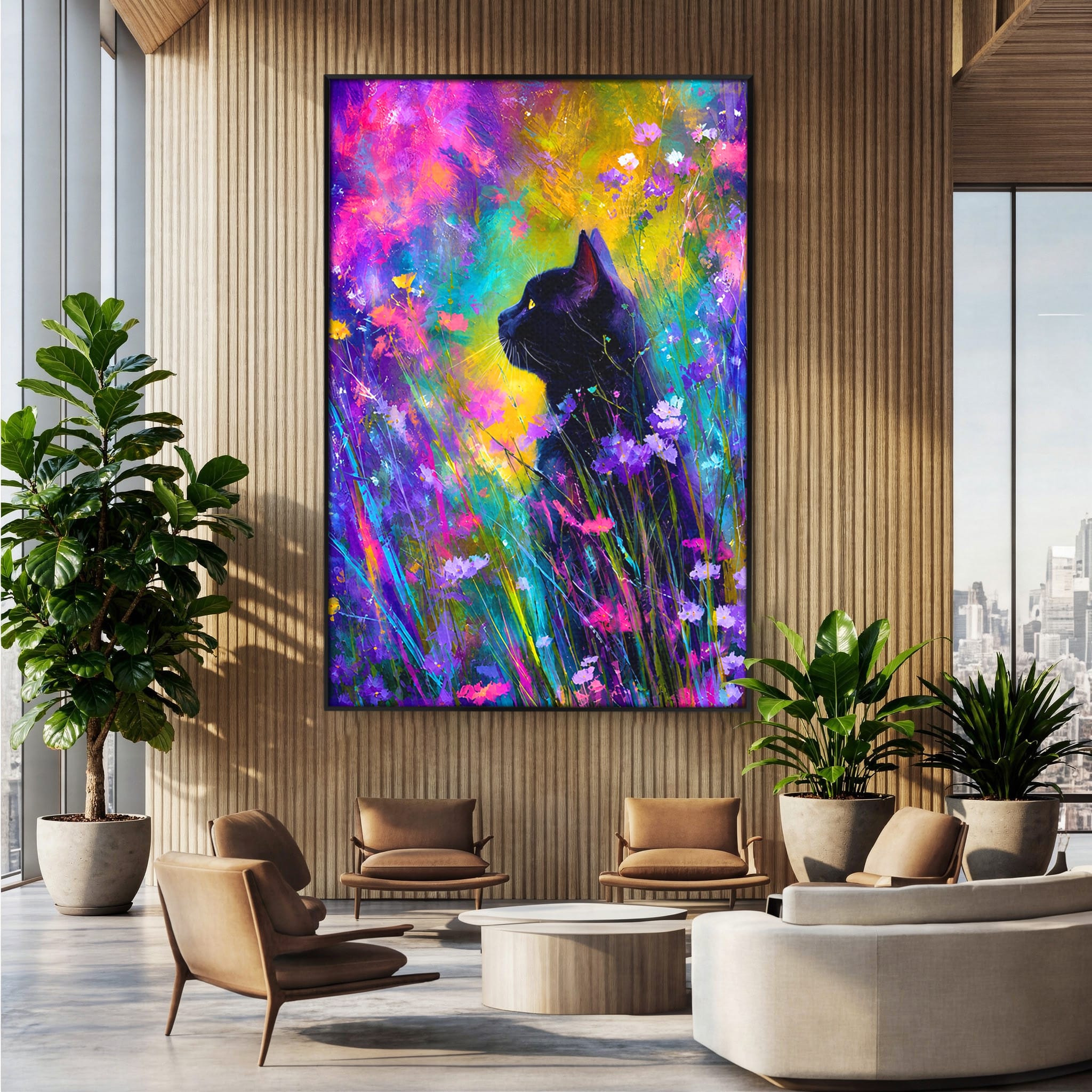 Tablou Canvas Premium LuxCanva® M1550, Pisica In Campul De Flori, Pisica, Flori, Natura, Vibrant, Living, Culori Vibrante