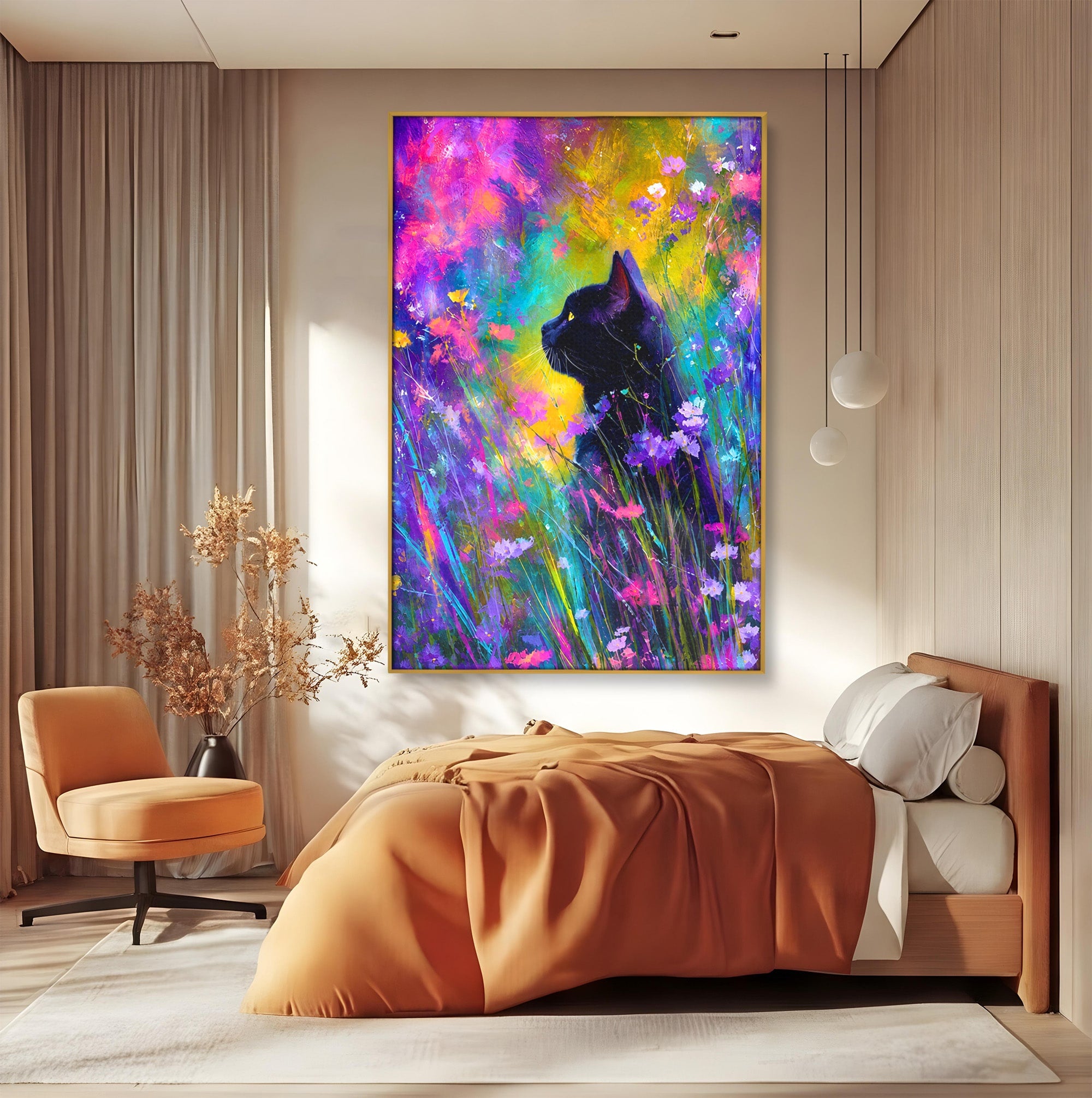 Tablou Canvas Premium LuxCanva® M1550, Pisica In Campul De Flori, Pisica, Flori, Natura, Vibrant, Living, Culori Vibrante